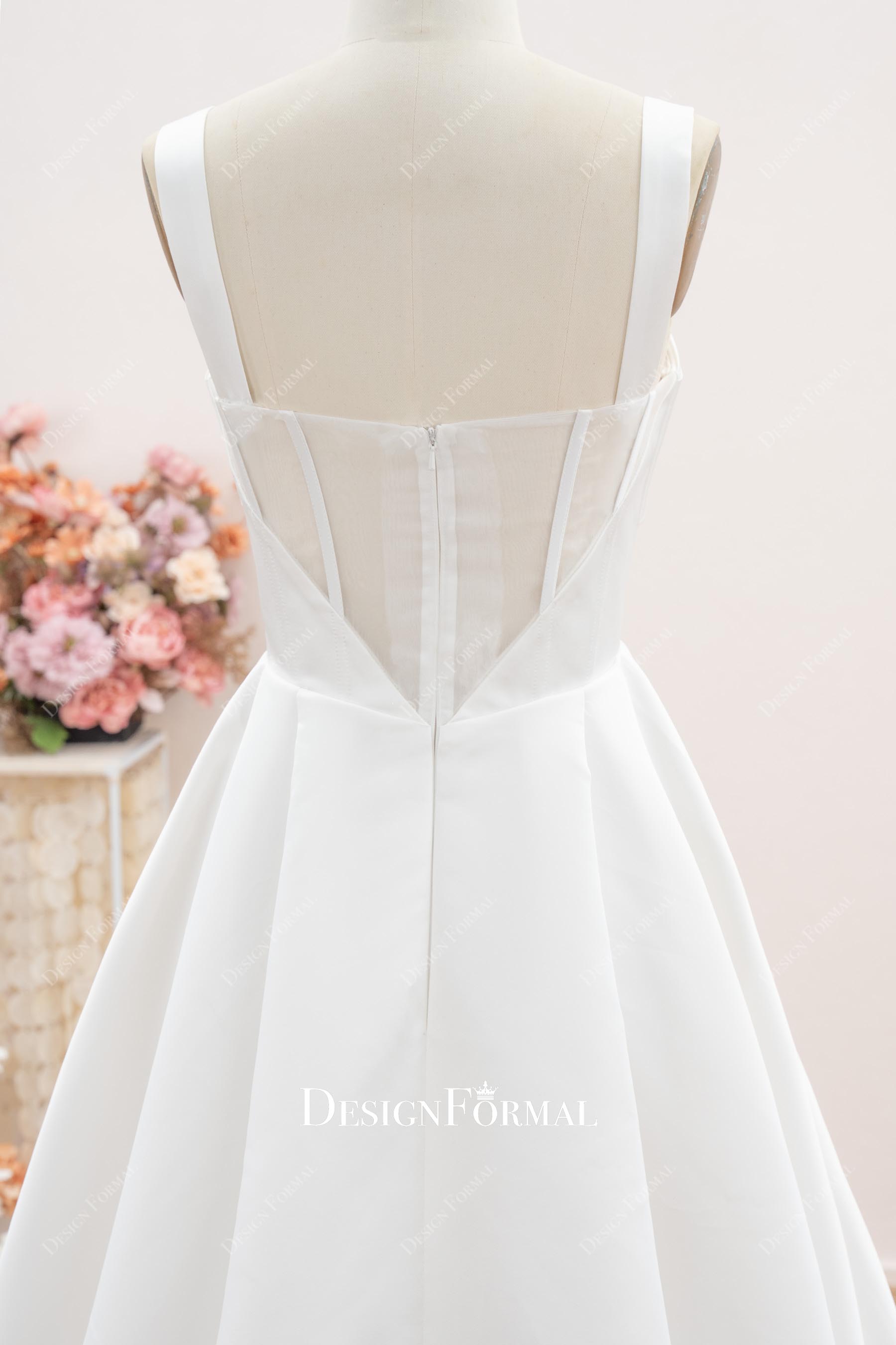 white satin illusion back wedding dress