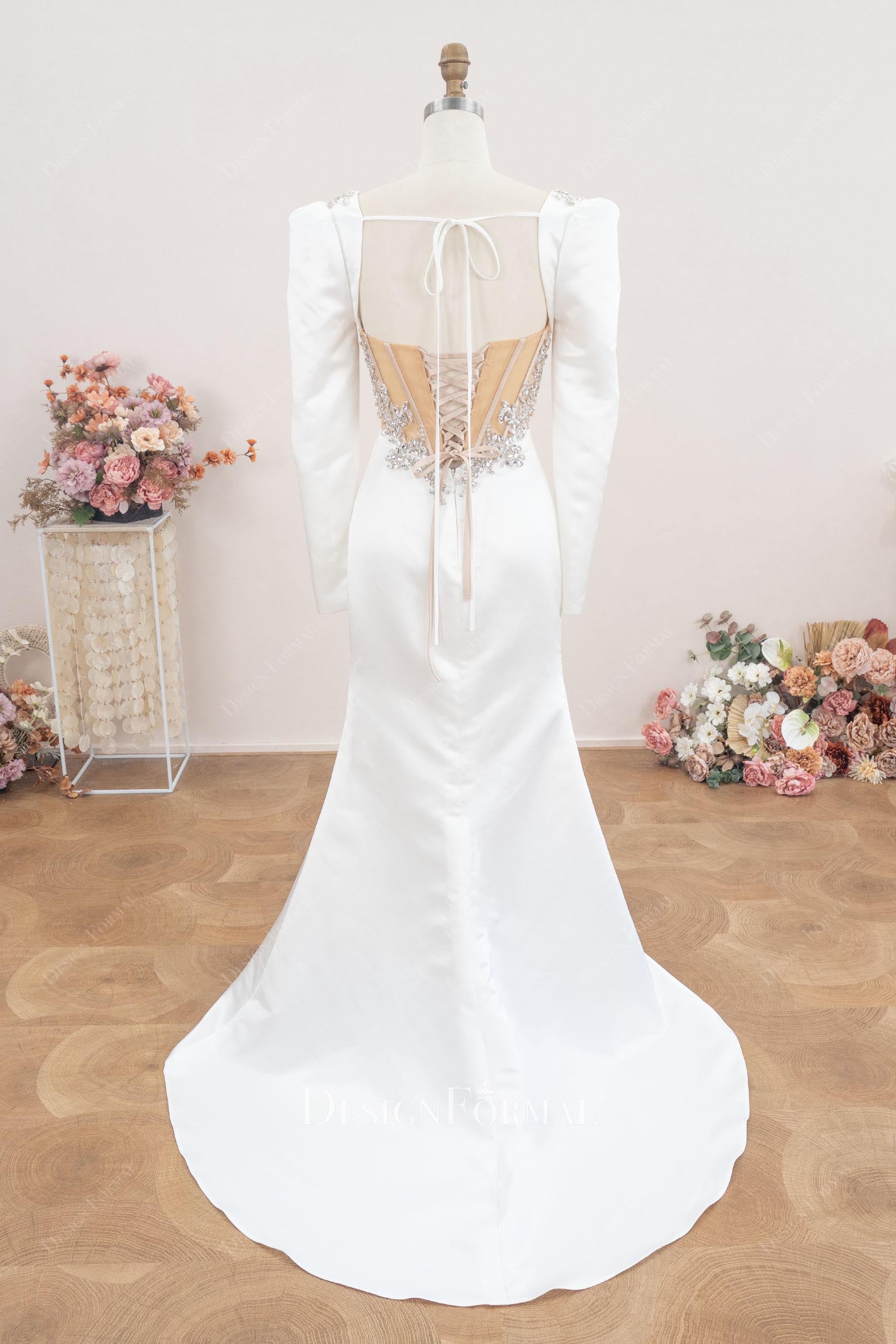 white satin mermaid sweep train bridal dress