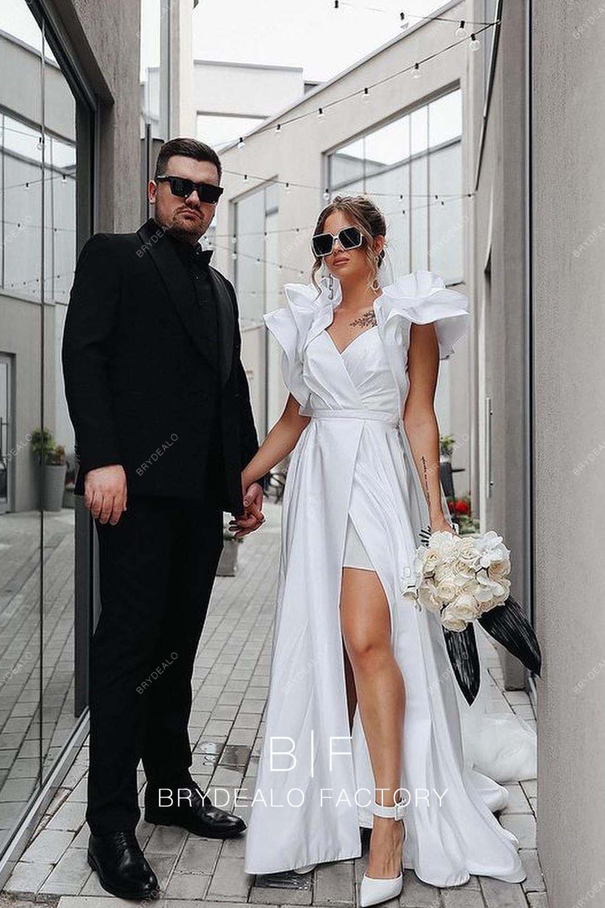 sexy high slit informal A-line bridal gown