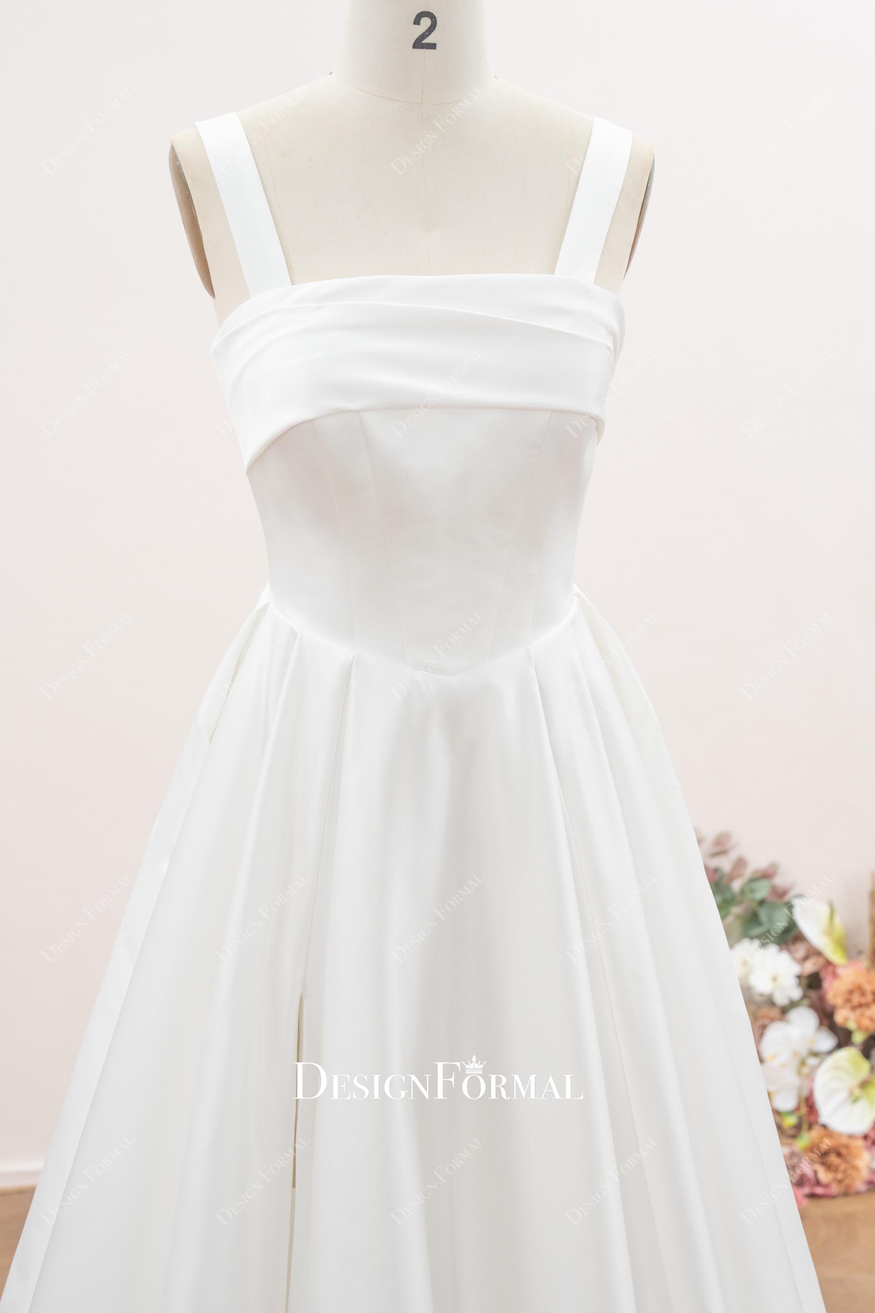 white satin square neck wedding dress