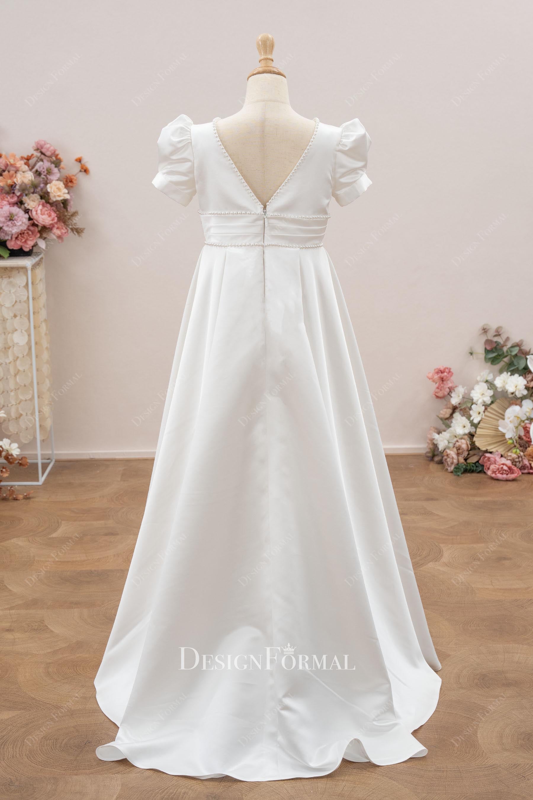 white satin sweep train flower girl dress
