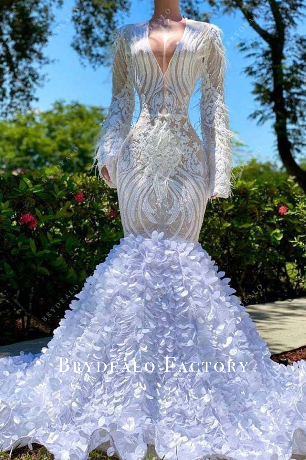 White 3D Leaf Sequin Long Sleeve Trumpet Prom Dress