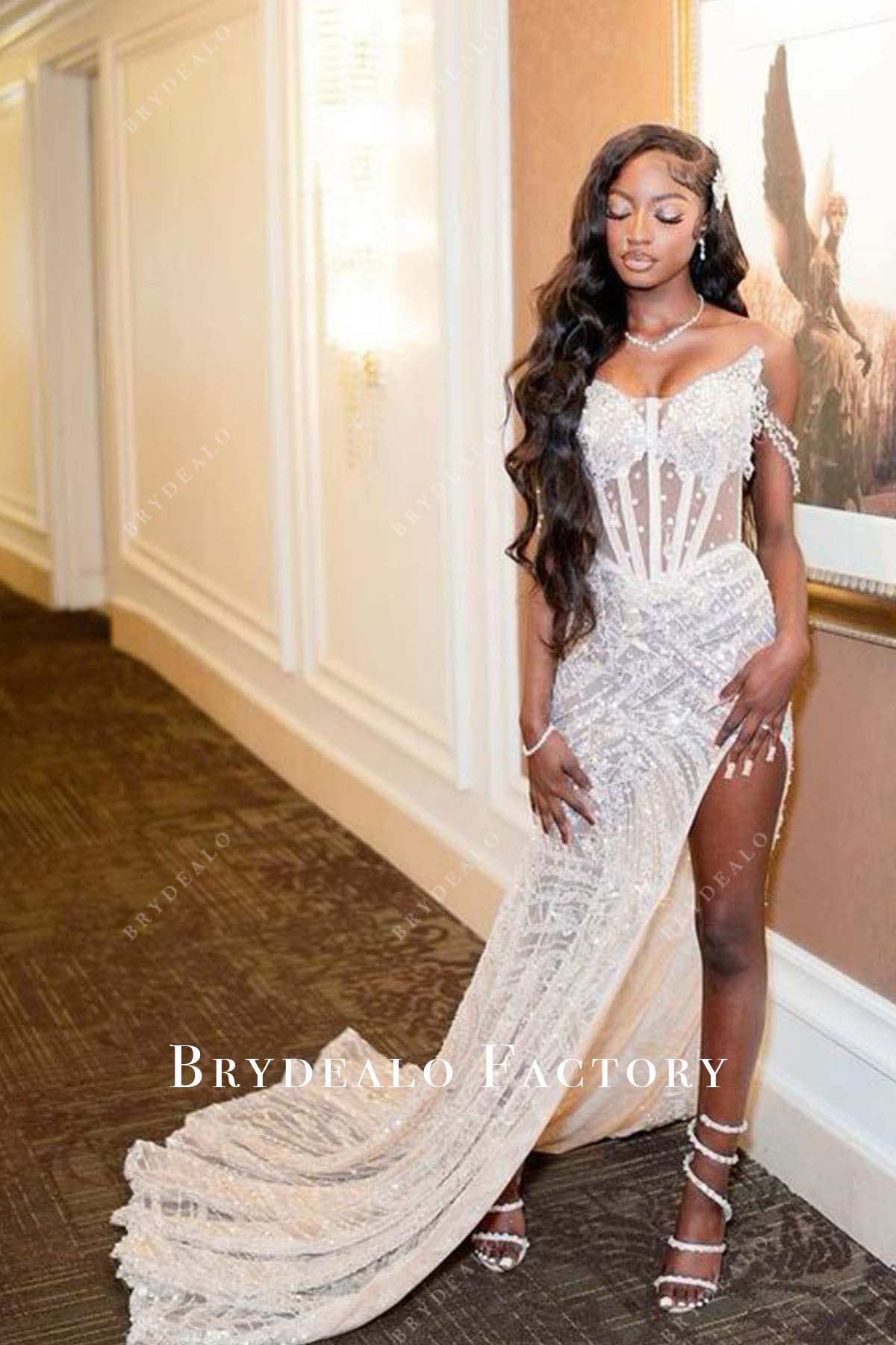 white sequined off shoulder prom dress