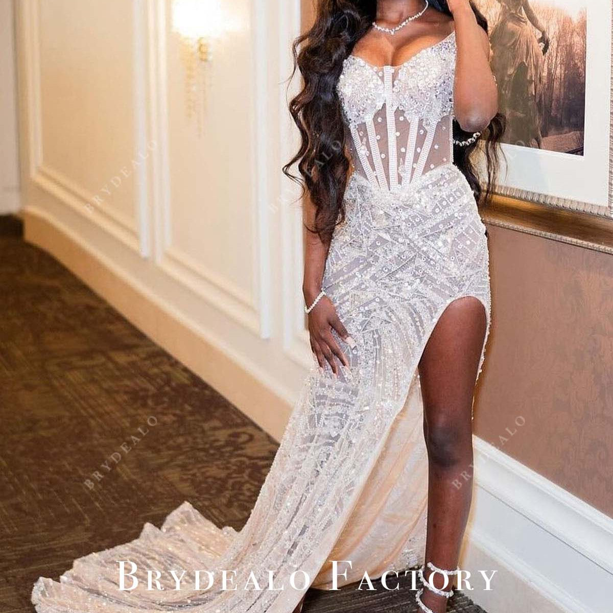 White Sequined Off Shoulder V-Neck Long Train Prom Dress