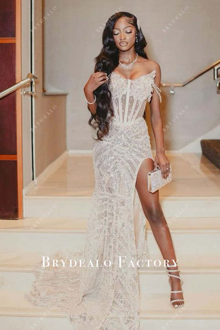 Hot selling Floor-length V-neck Sleeveless White prom dress, long Wedding Dress with train, WD0304