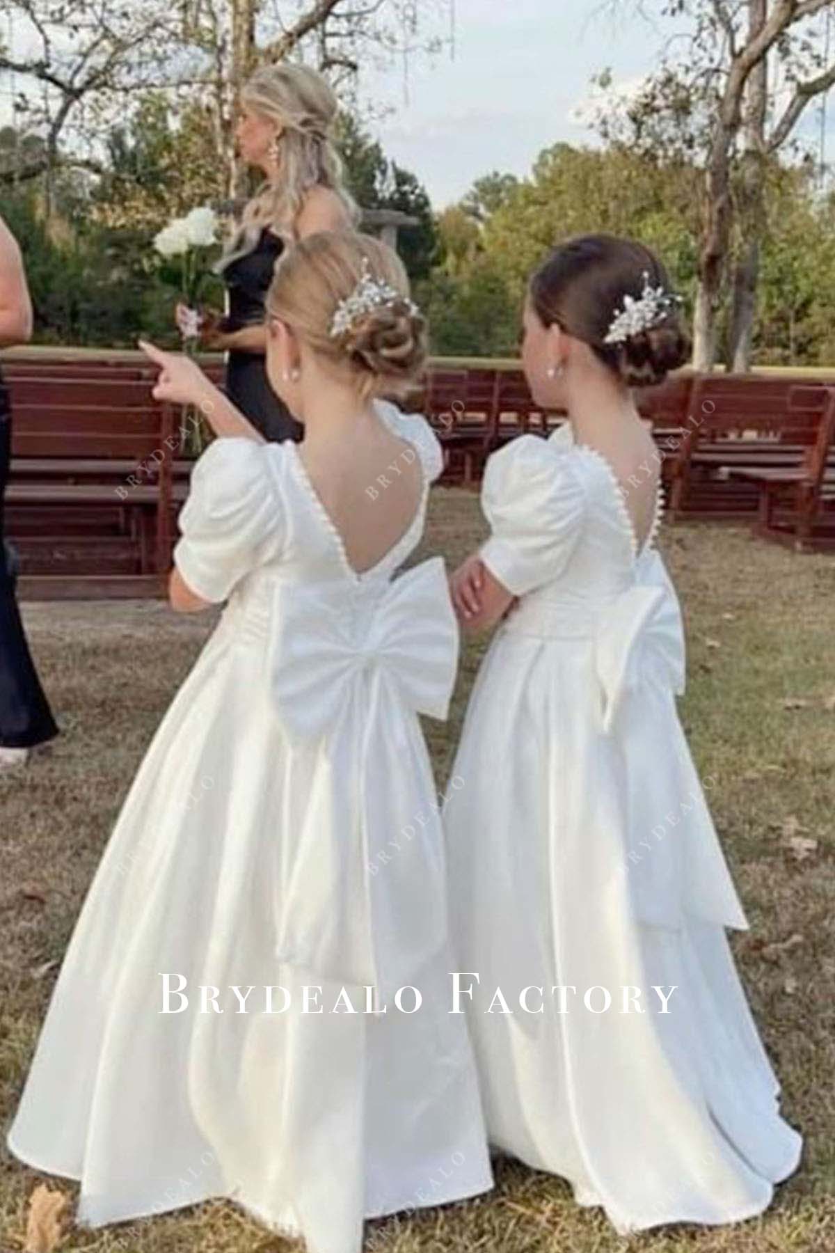 white short sleeves V-back bow flower girl dress