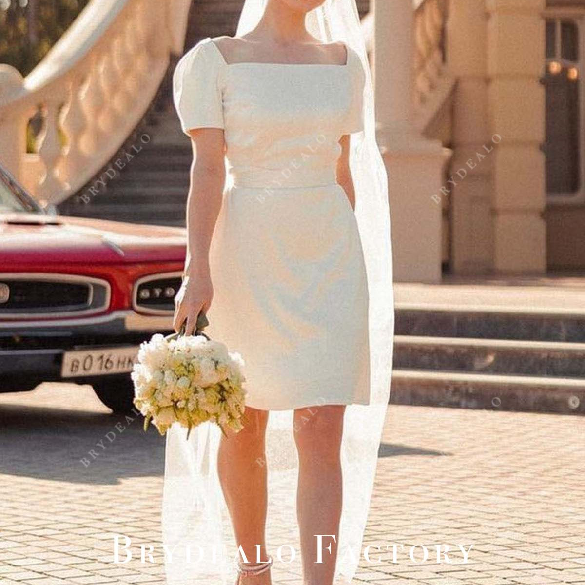 knee length white puffy dress Sleeves City Wedding nav-572