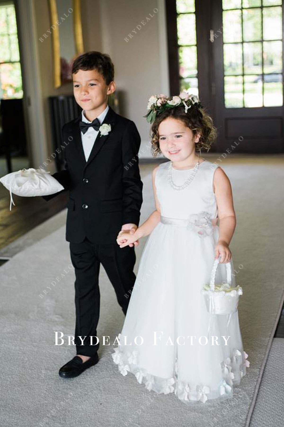 white sleeveless satin tulle flower girl dress