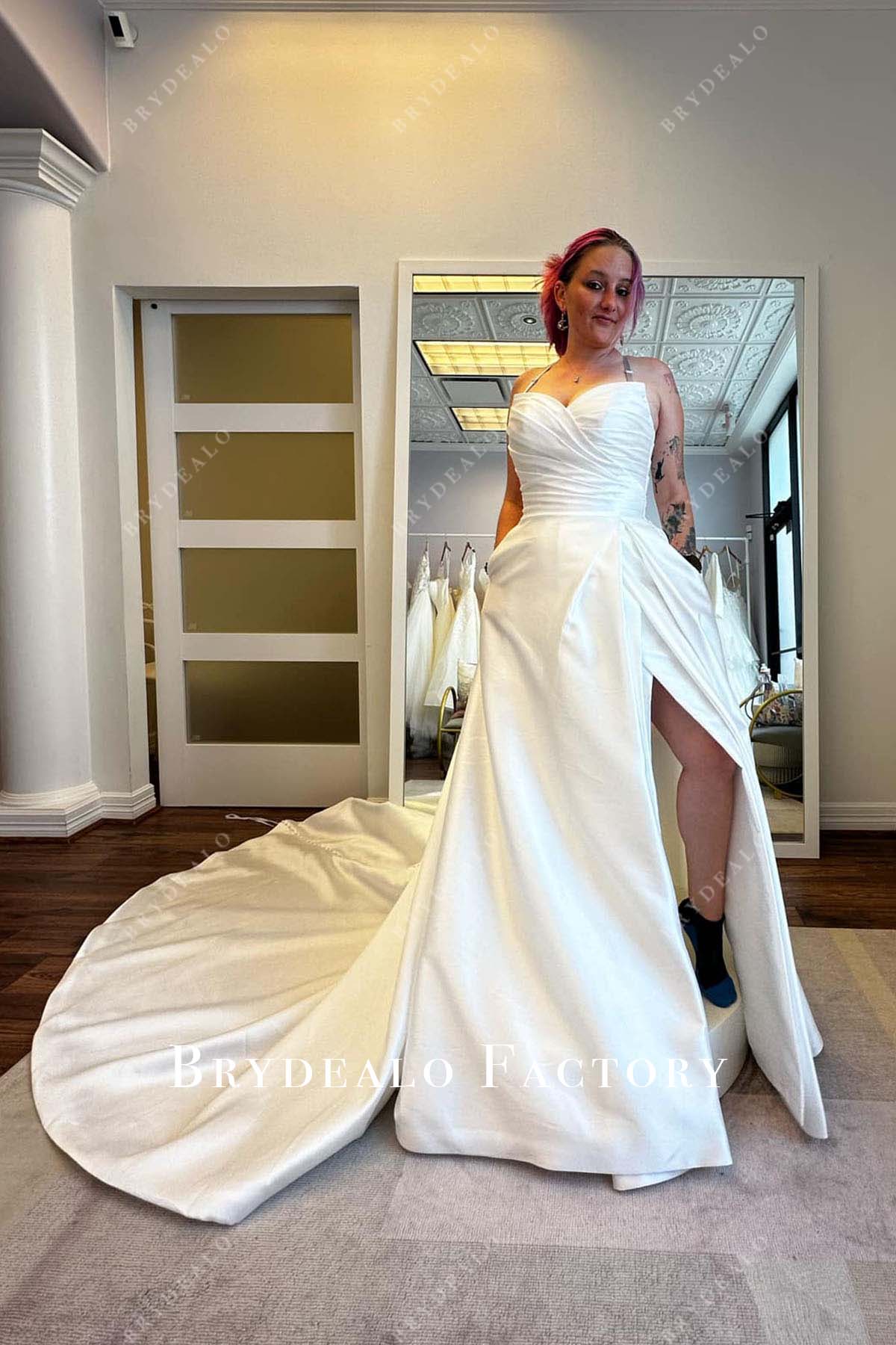 white slit overskirt wedding dress