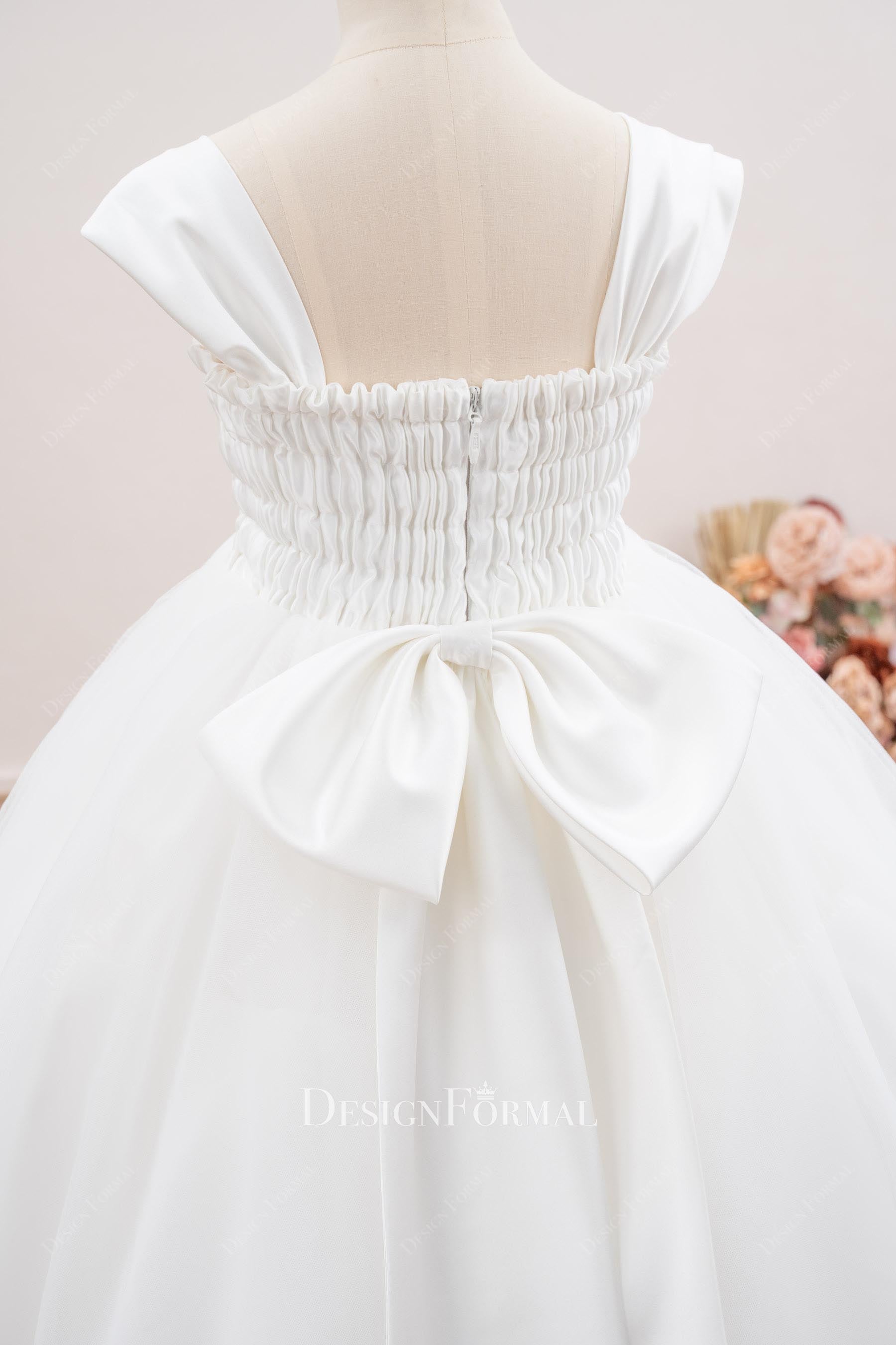 white square back flower girl ballgown