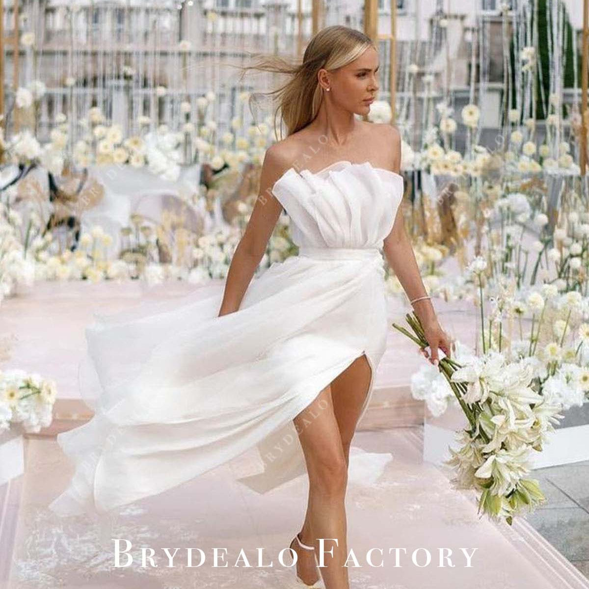 ruched organza wedding dress F221053 Classic Sweetheart Strapless Ruched Pearl Organza Mermaid Gown with Hand Draped and Tacked Full Circle Skirting