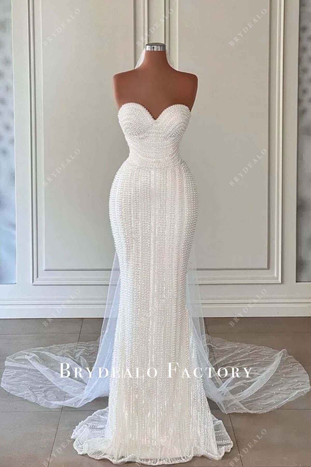 white strapless pearl court train wedding dress