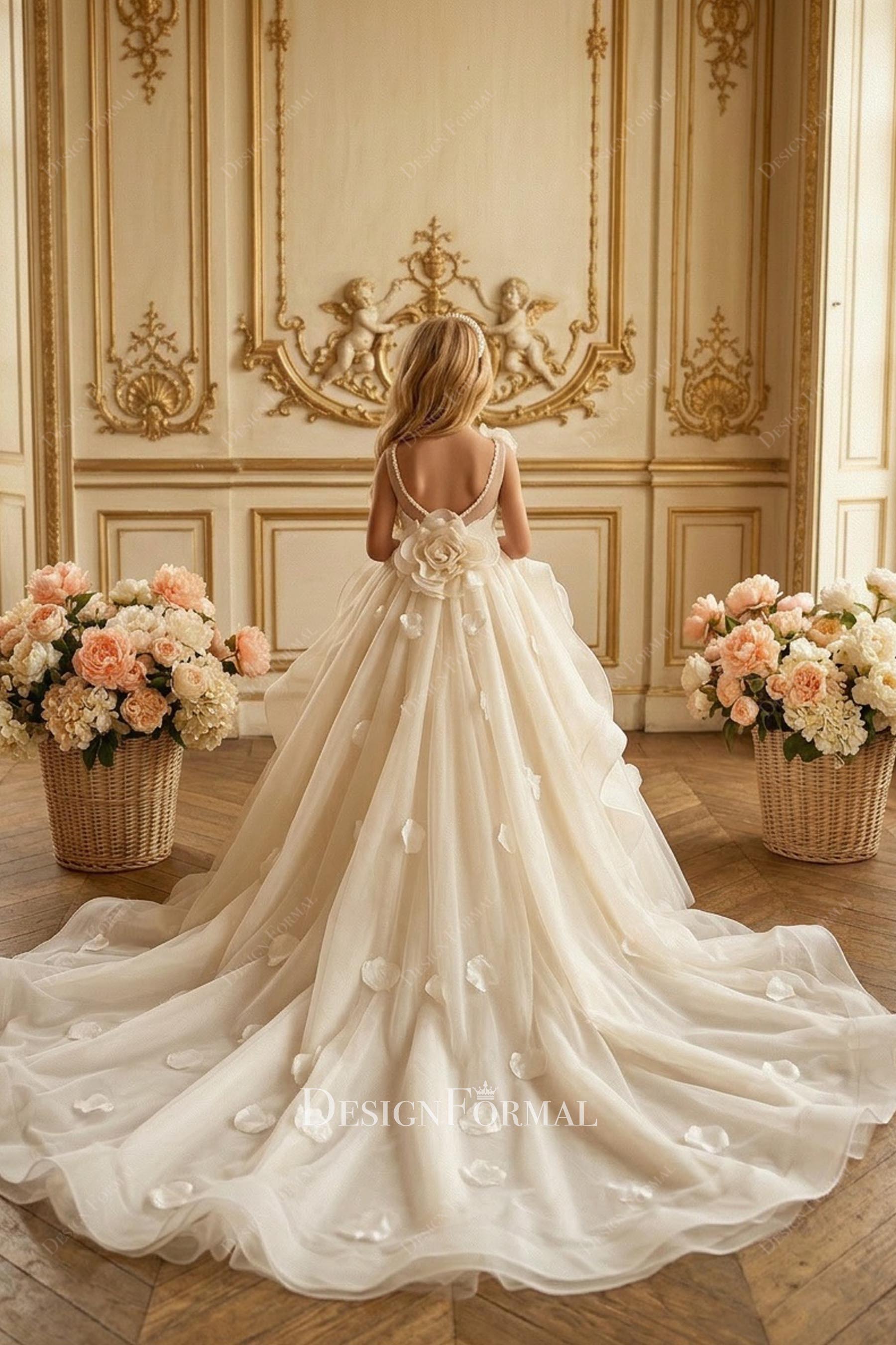 white tulle chapel train first communion gown