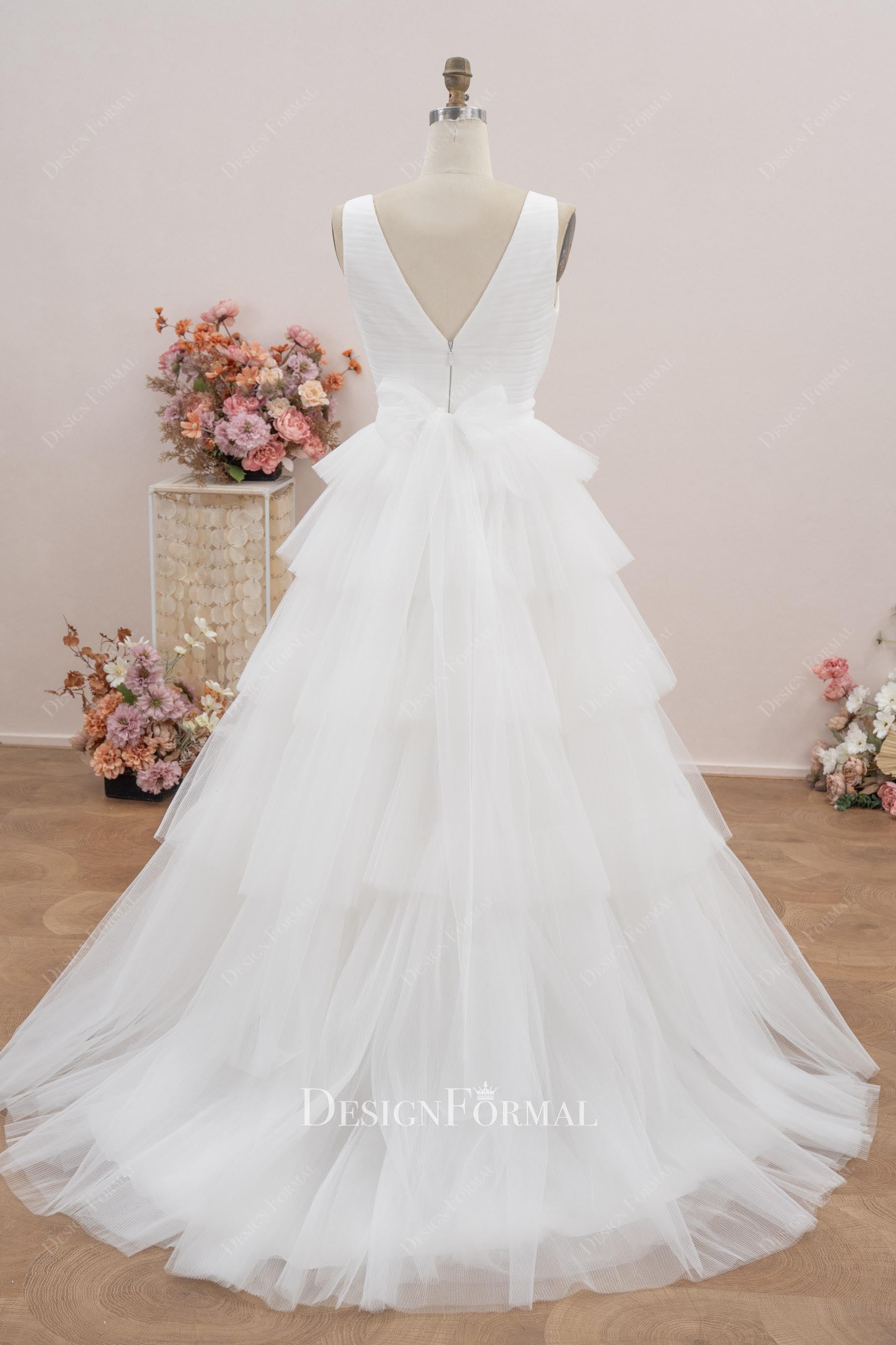 white tulle court train wedding dress