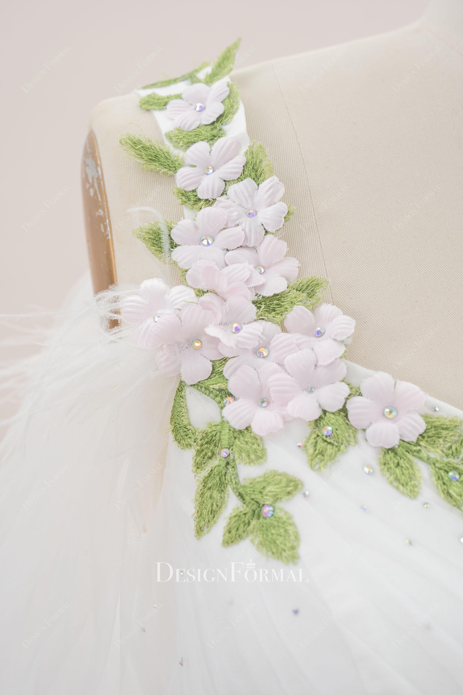 white tulle floral straps wedding dress