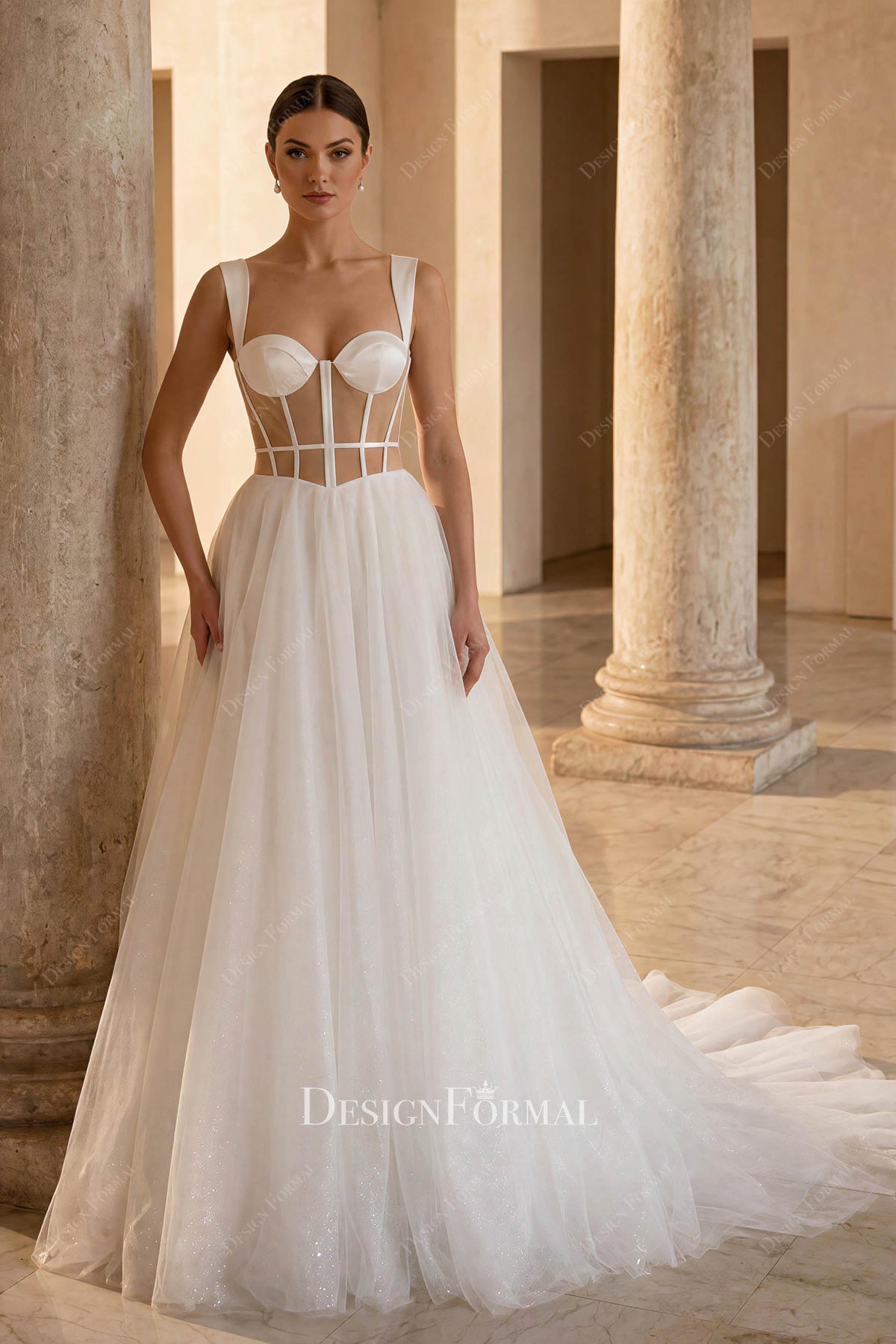 white tulle illusion corset wedding dress