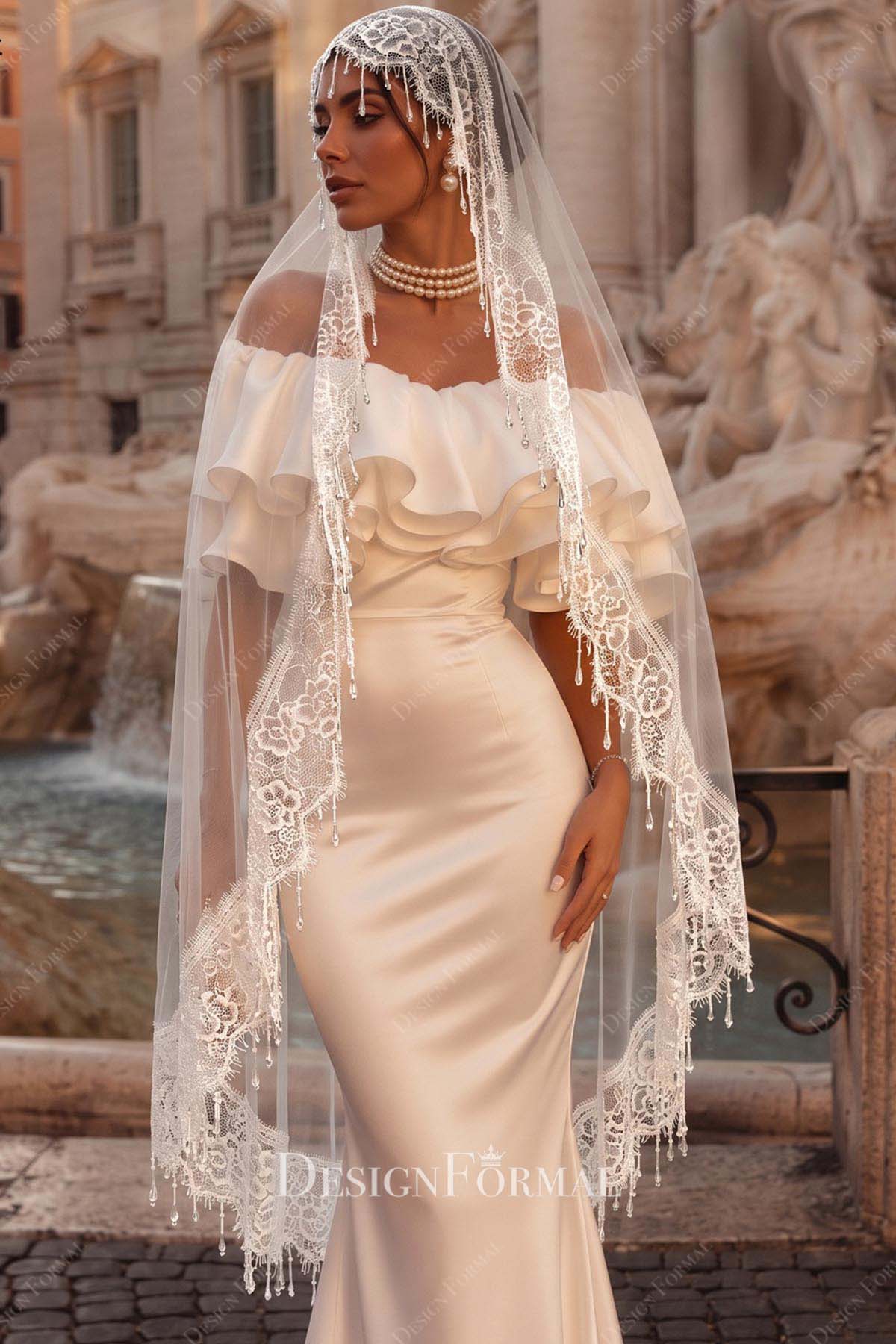 white tulle lace edge bridal veil
