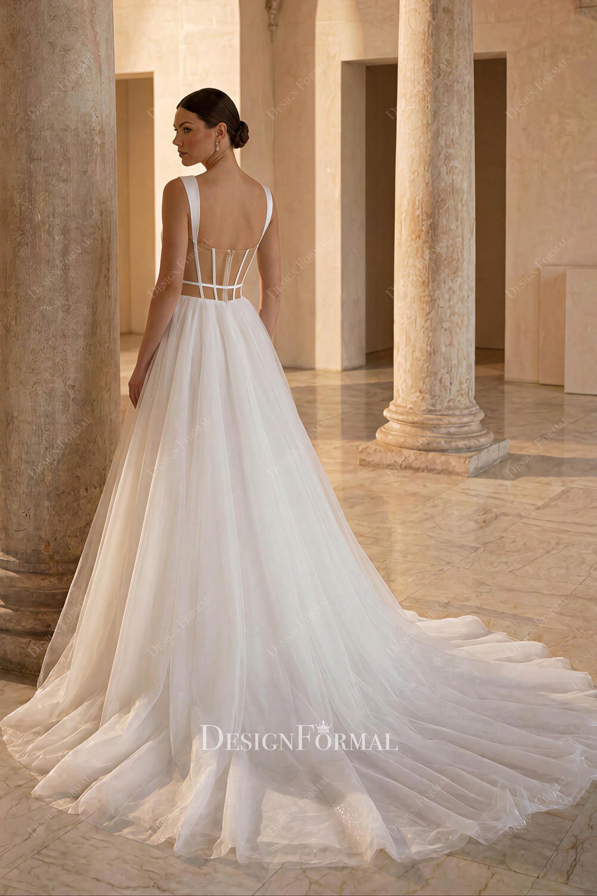 white tulle long train wedding dress