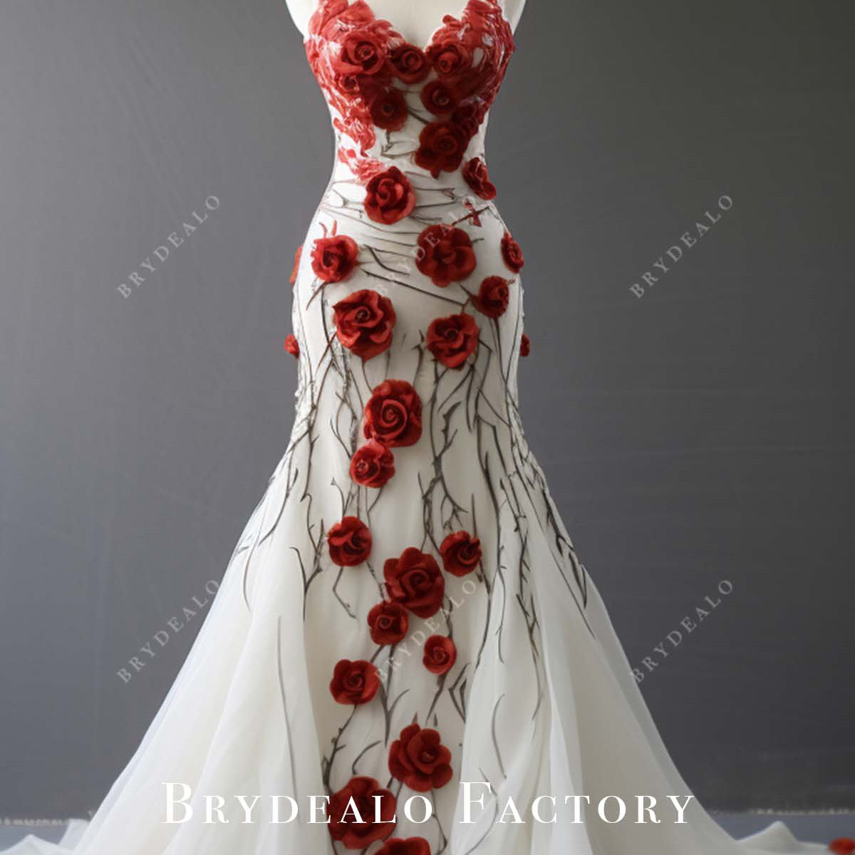 chinese dress ladies White Tulle Thin Straps Red Floral Mermaid Wedding Dress