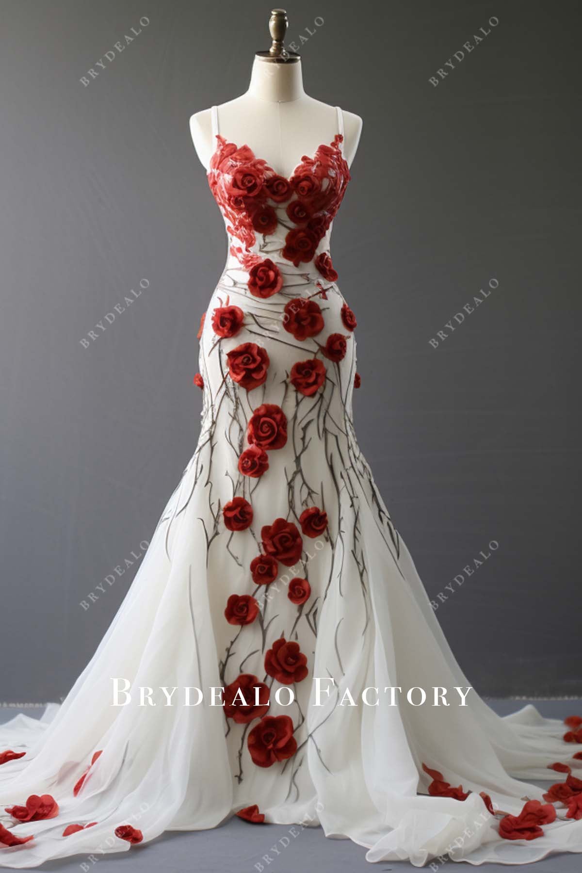 white tulle red 3d roses mermaid wedding dress