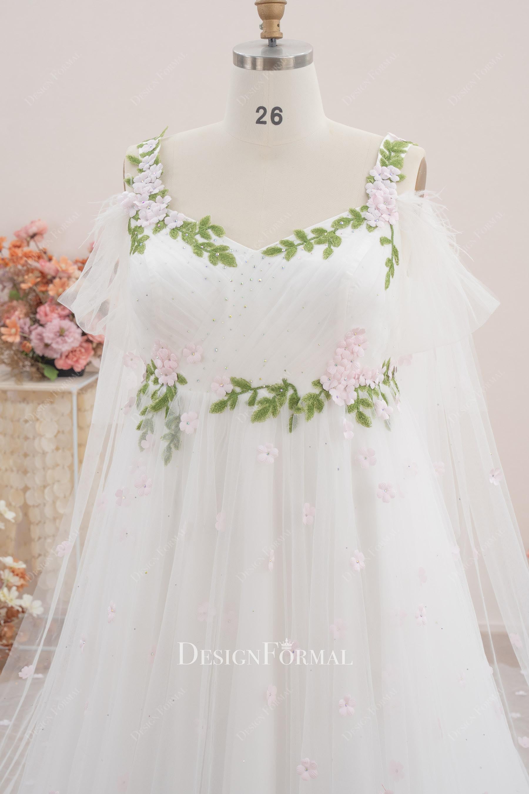white tulle rhinestone 3d floral wedding dress