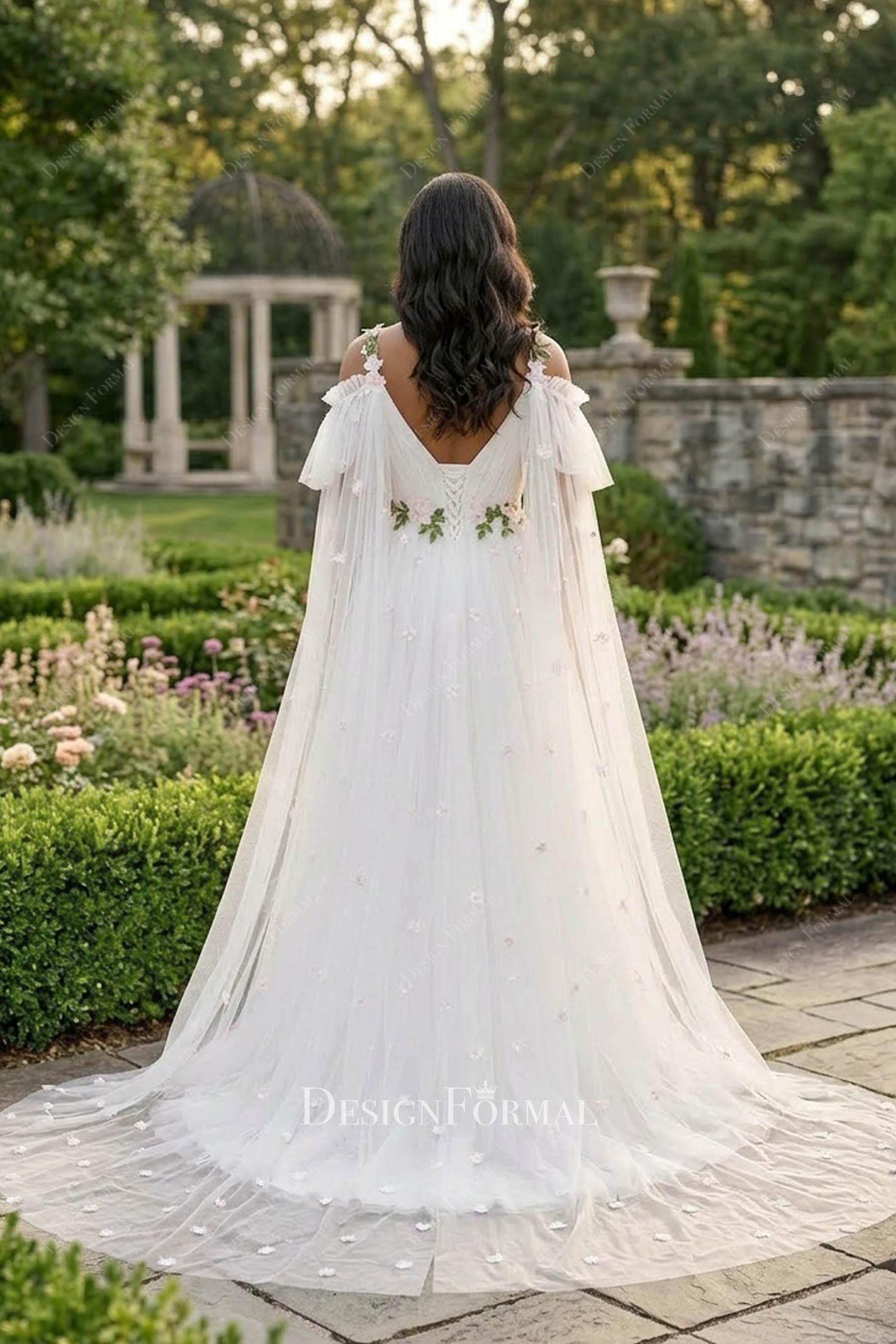 white tulle shoulder veil wedding dress