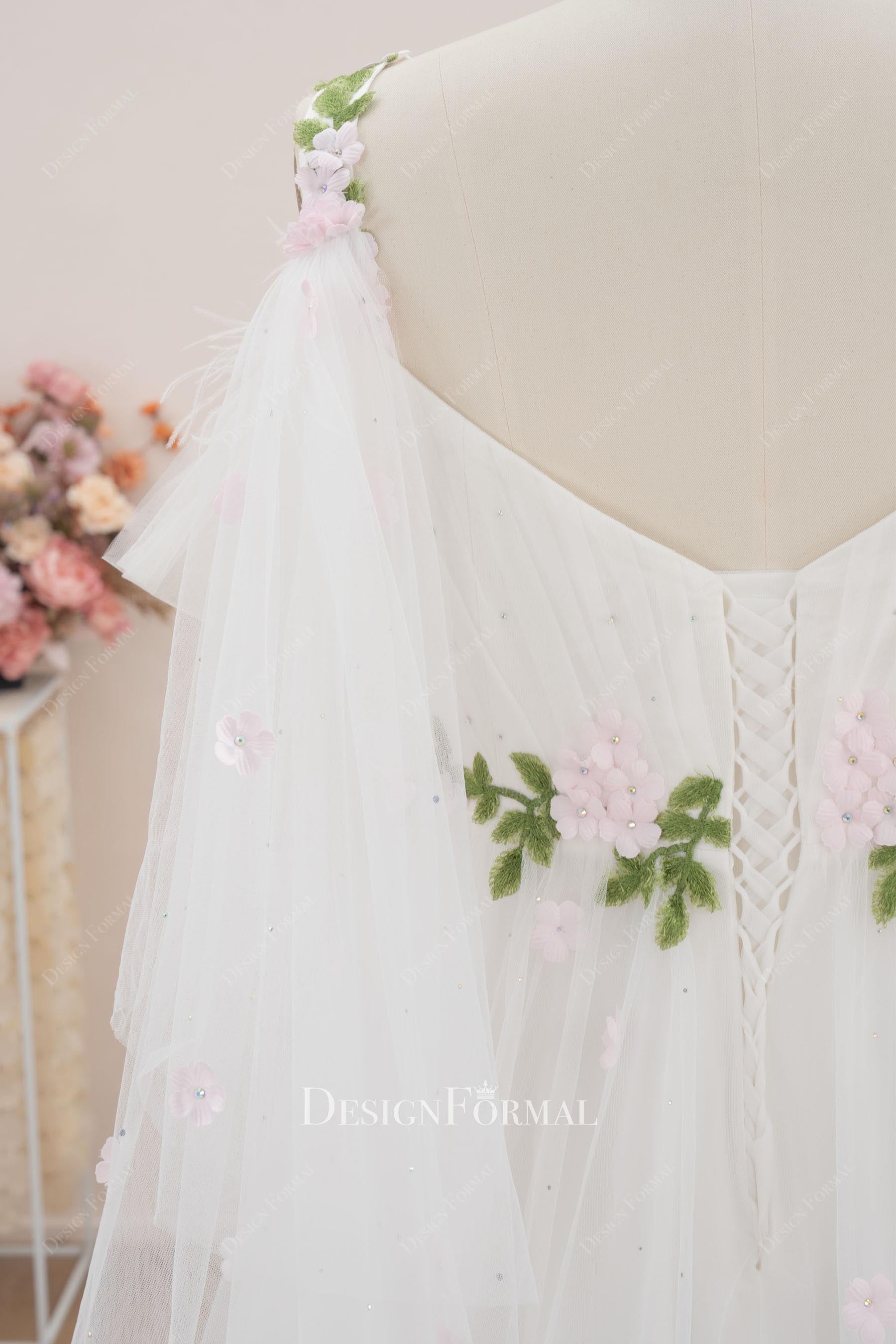 white tulle v back wedding dress