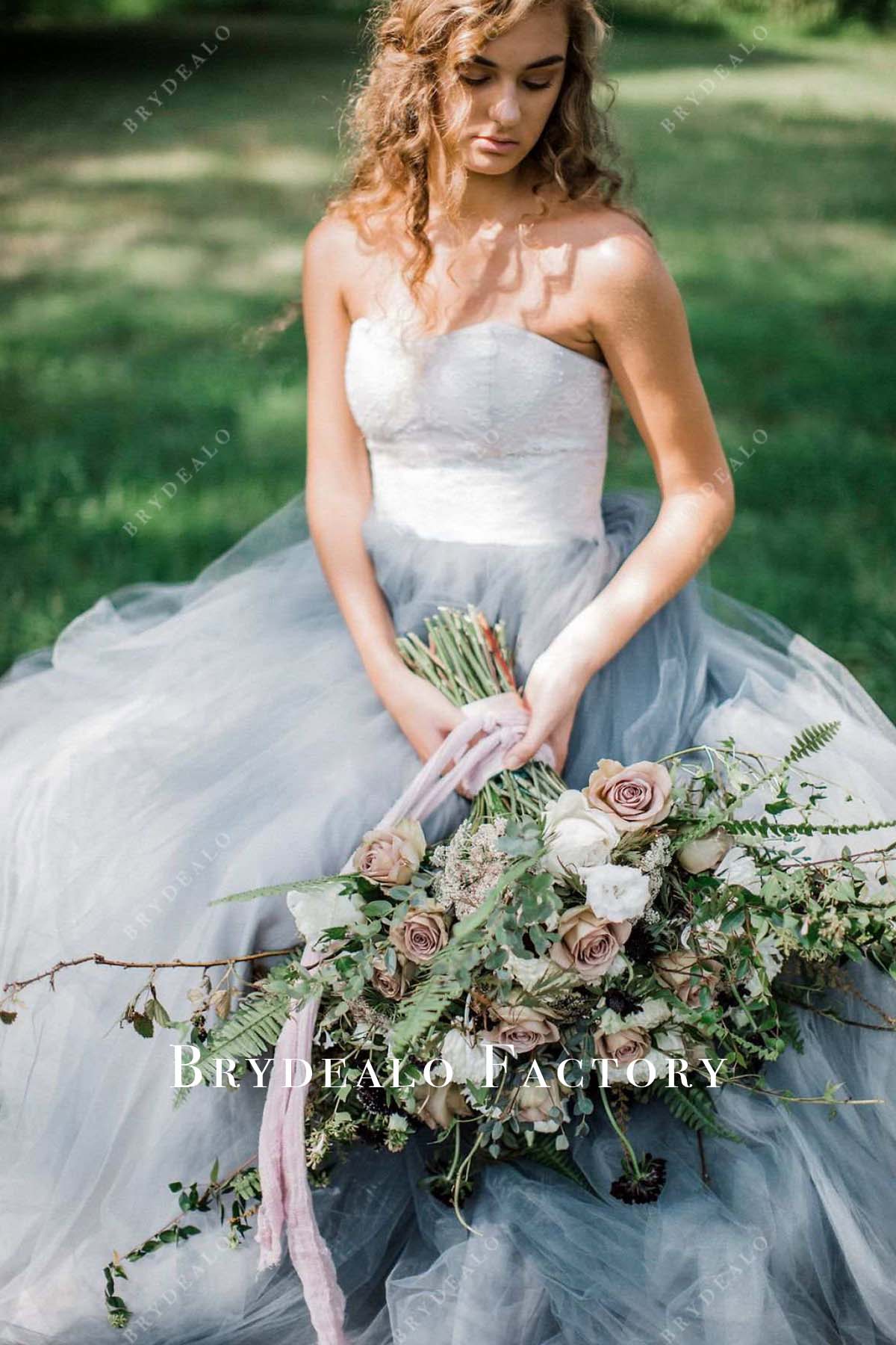 Strapless White Lace Blue Tulle Destination Wedding Gown