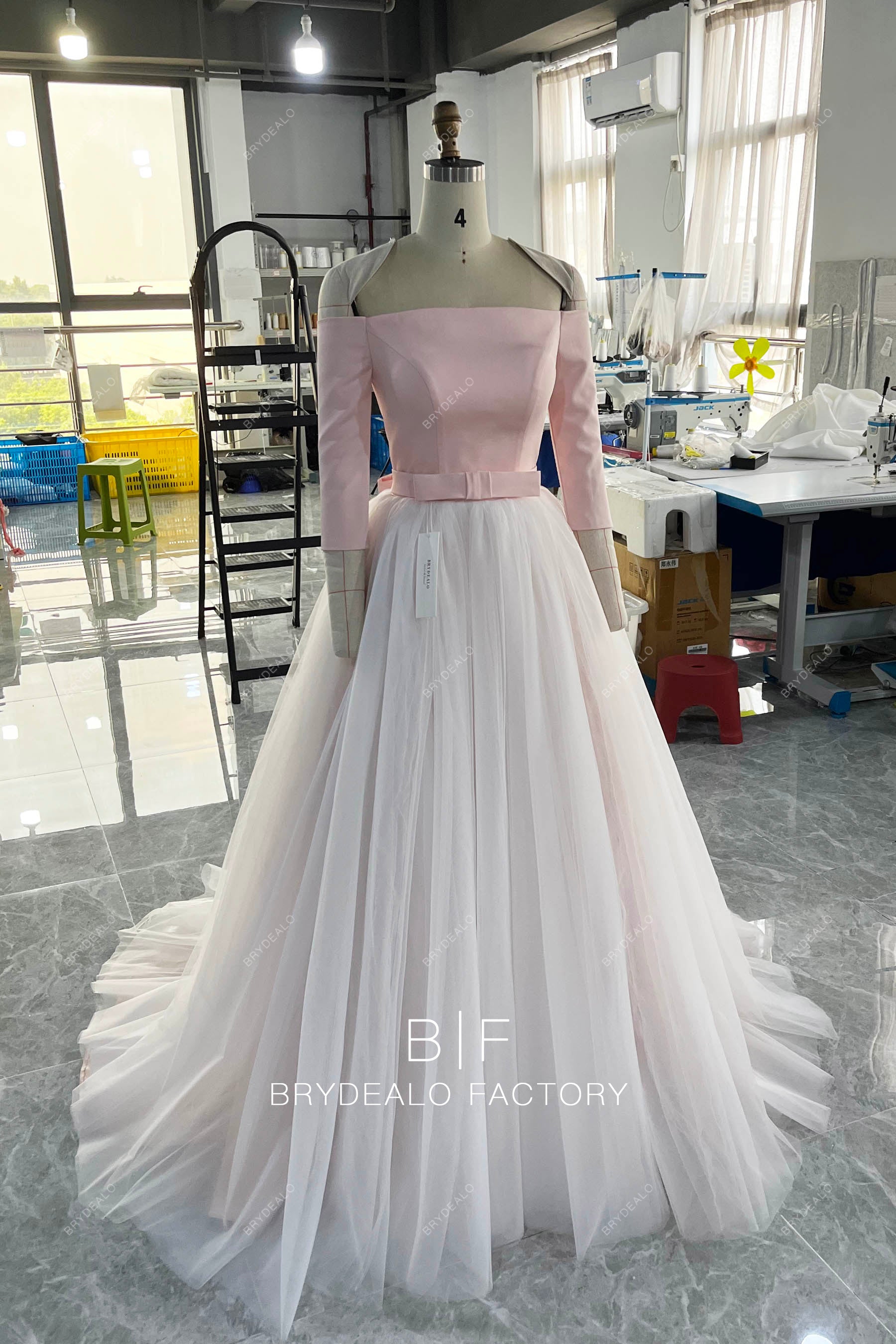 tailored long sleeve satin tulle colored wedding dress