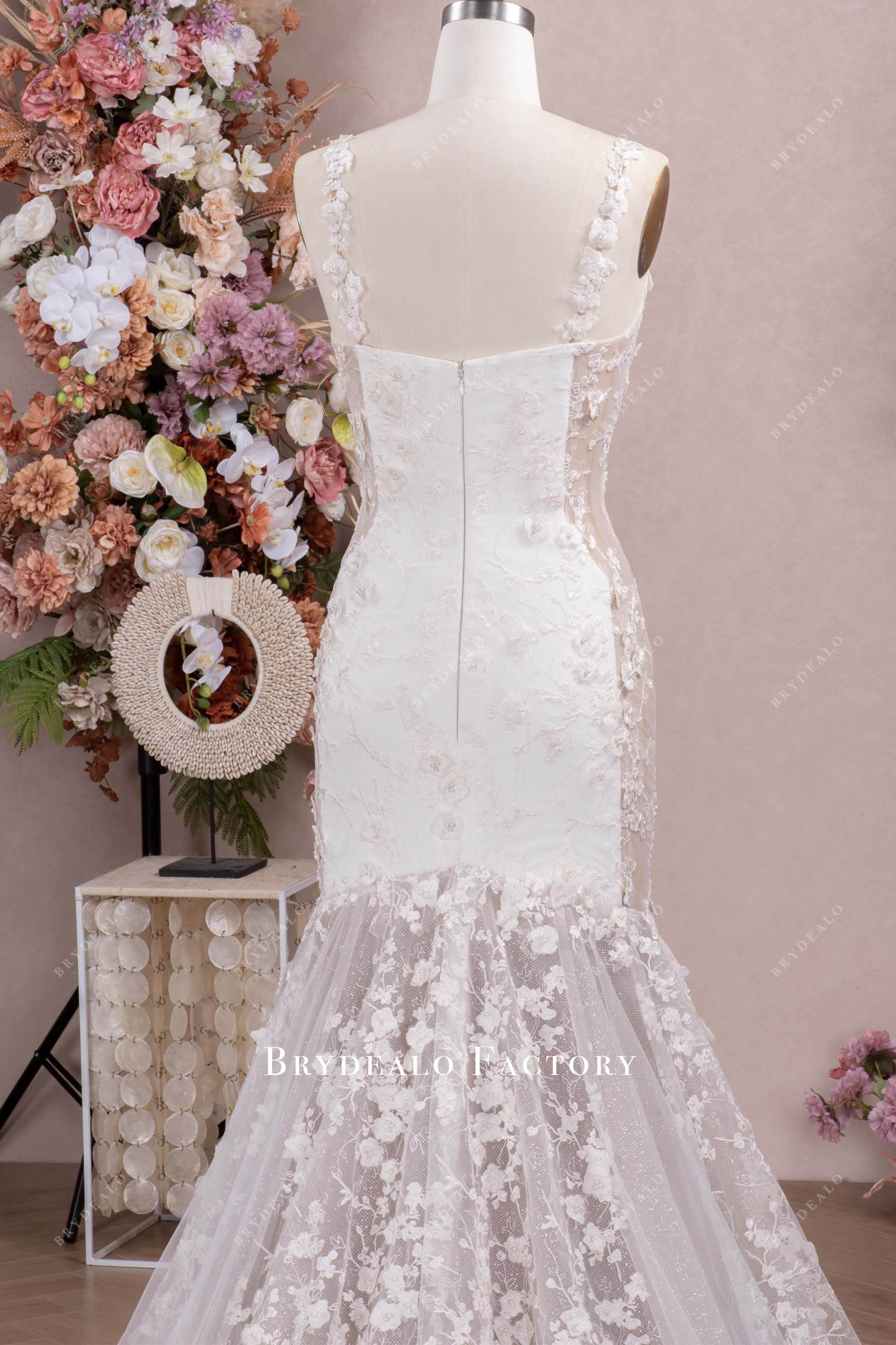 wide flower lace straps wedding dress