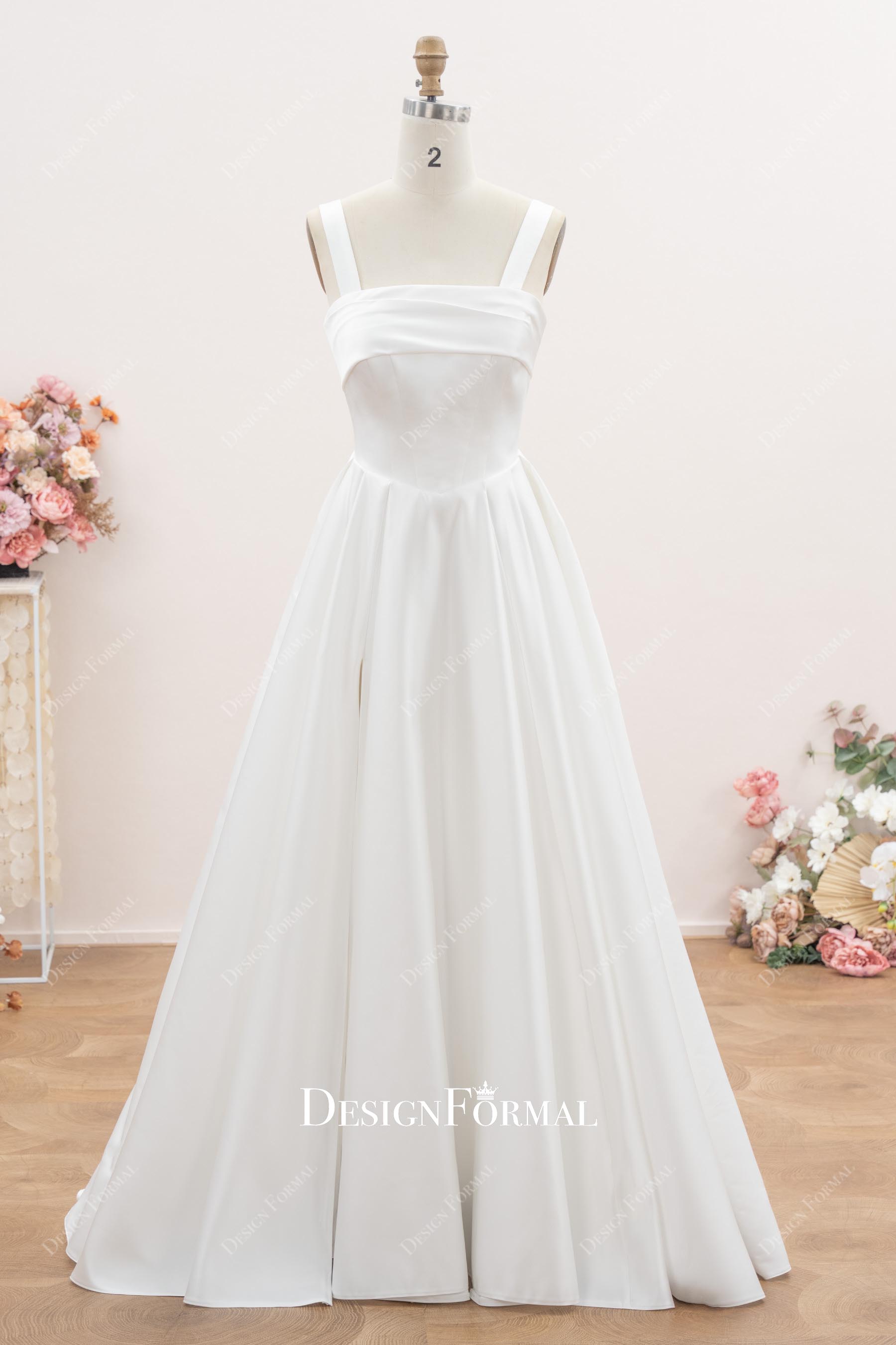 wide straps satin a line bridal dress
