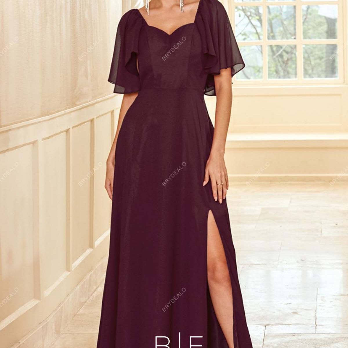 Wine Sweetheart Neck Chiffon Slit Floor Length Prom Bridesmaid Dress