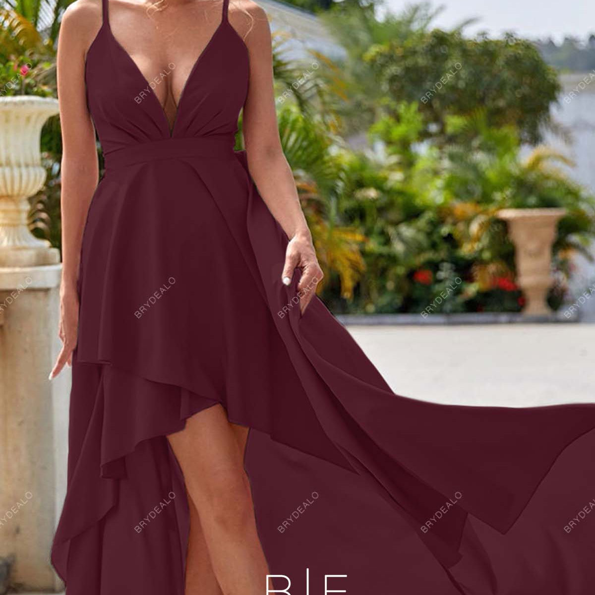 Wine Chiffon High-Low Boho Spaghetti Straps Bridesmaid Homecoming Dress