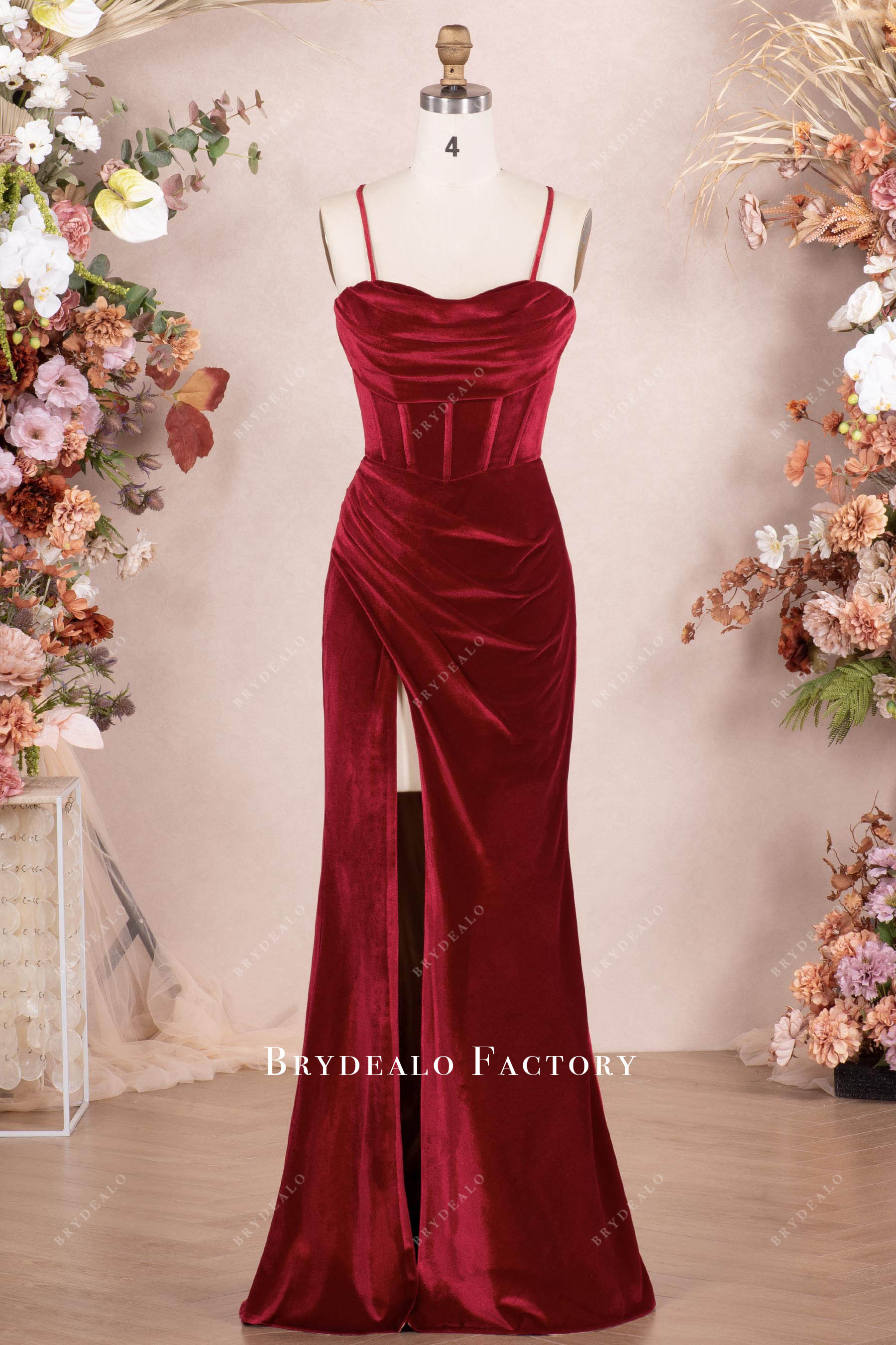 wine pleated corset high slit prom dress