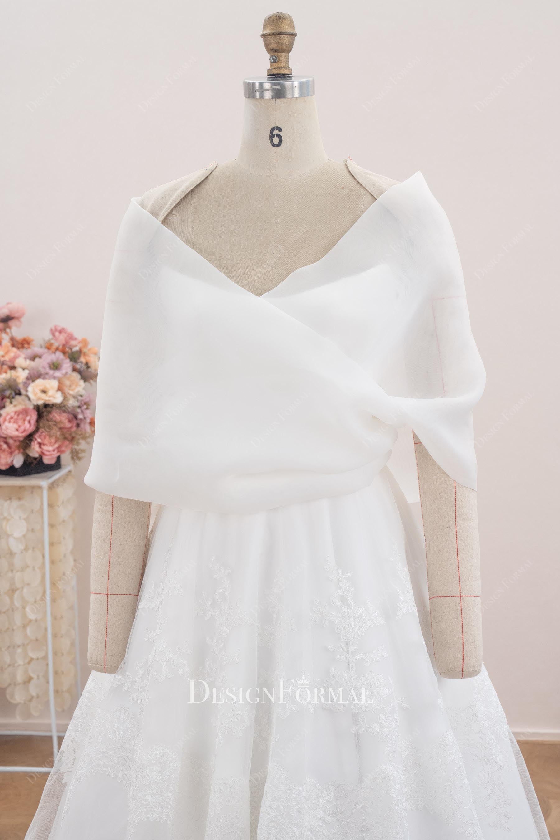 wrapped white tea length wedding dress