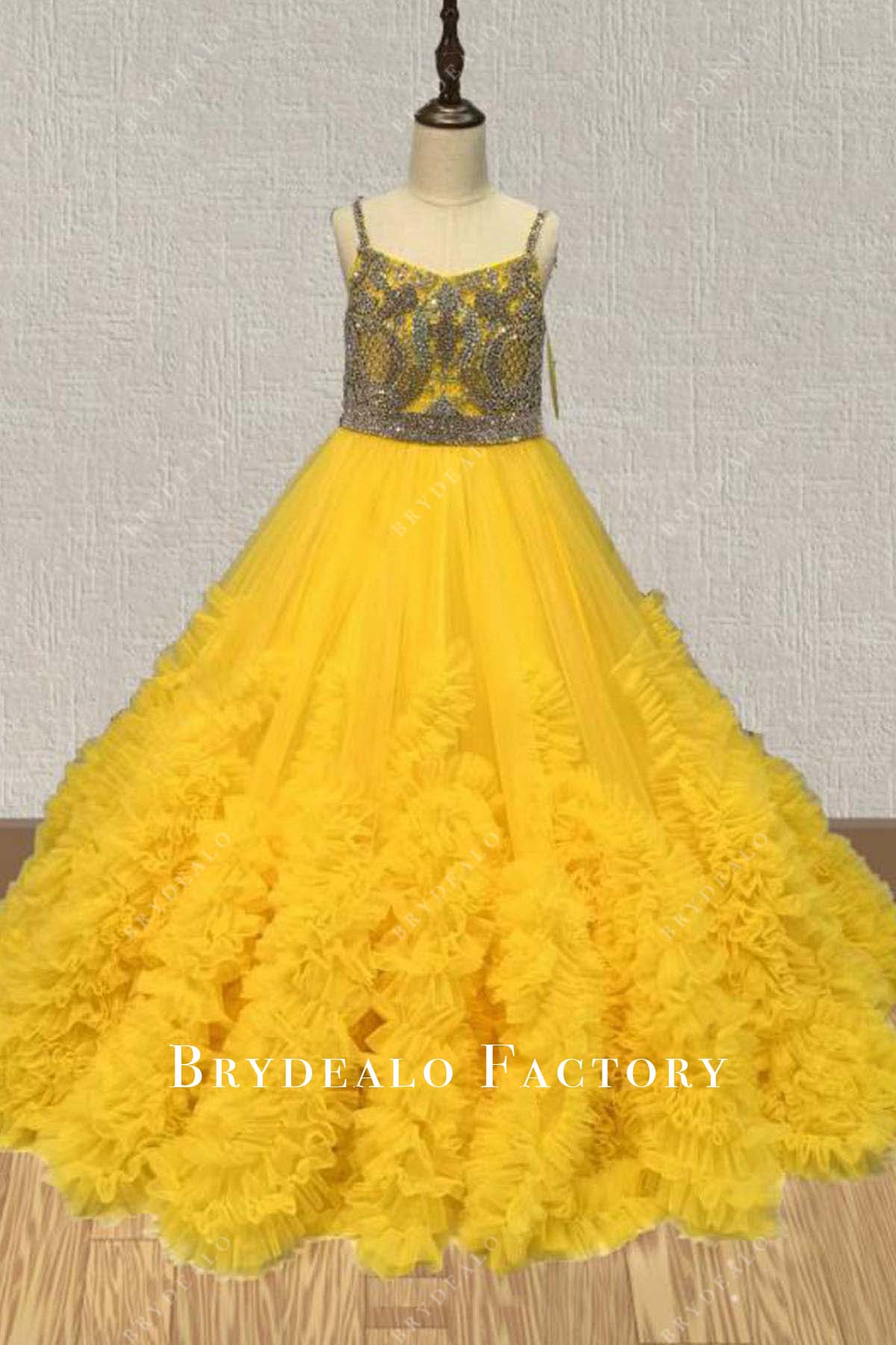 yellow a line organza pageant gown