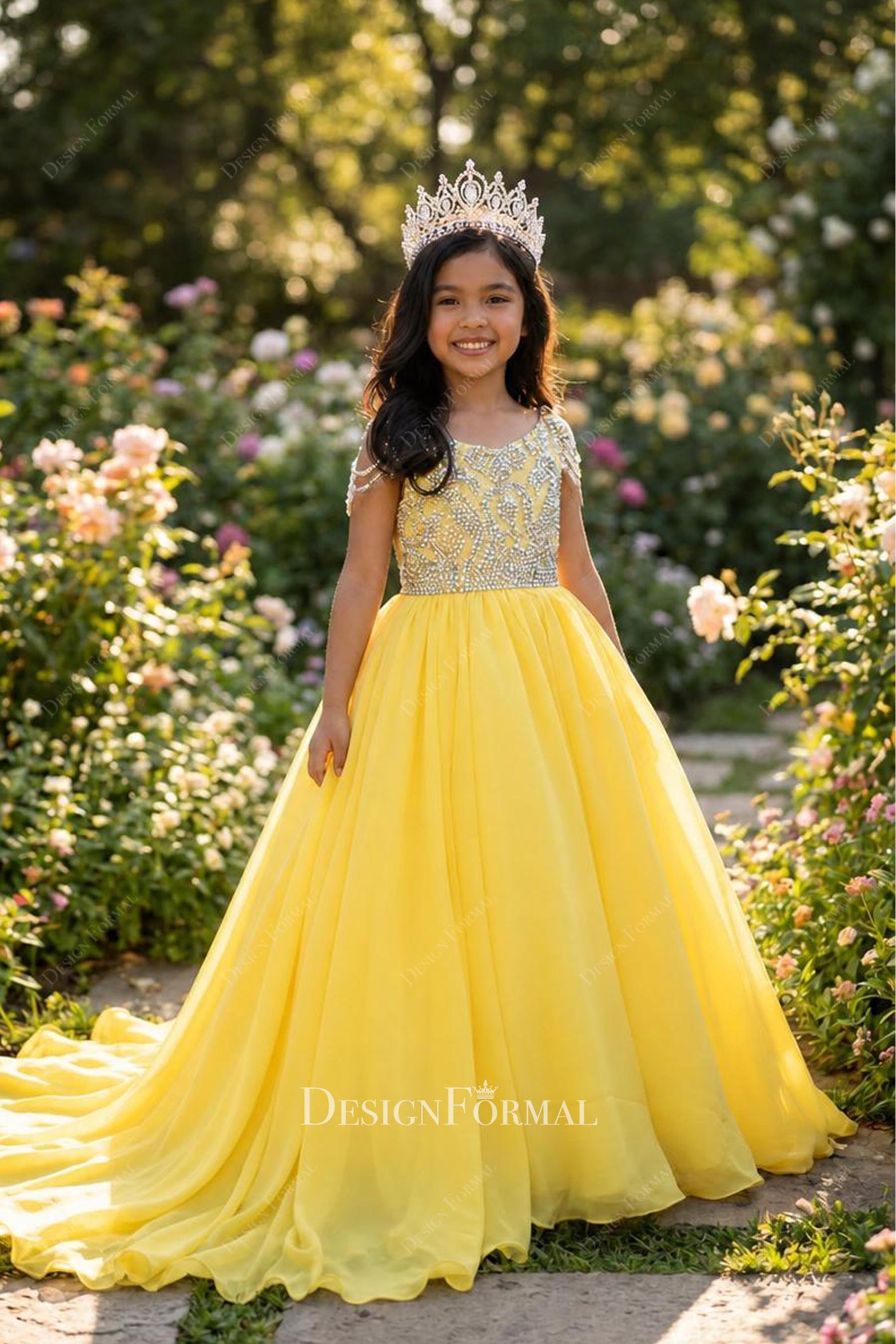 Rhinestone Choker Yellow Chiffon Little Girl Pageant Gown