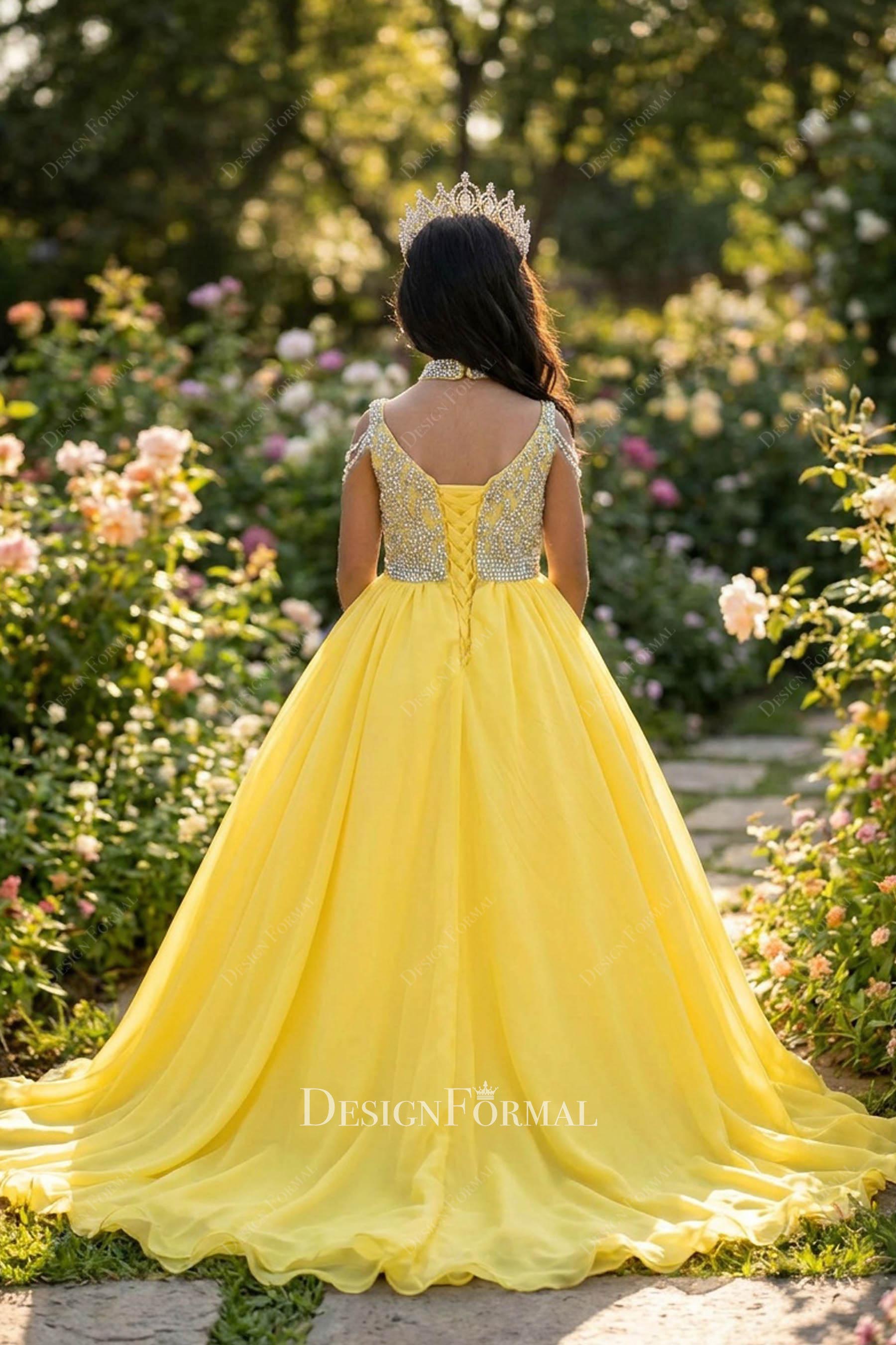 Rhinestone Choker Yellow Chiffon Little Girl Pageant Gown