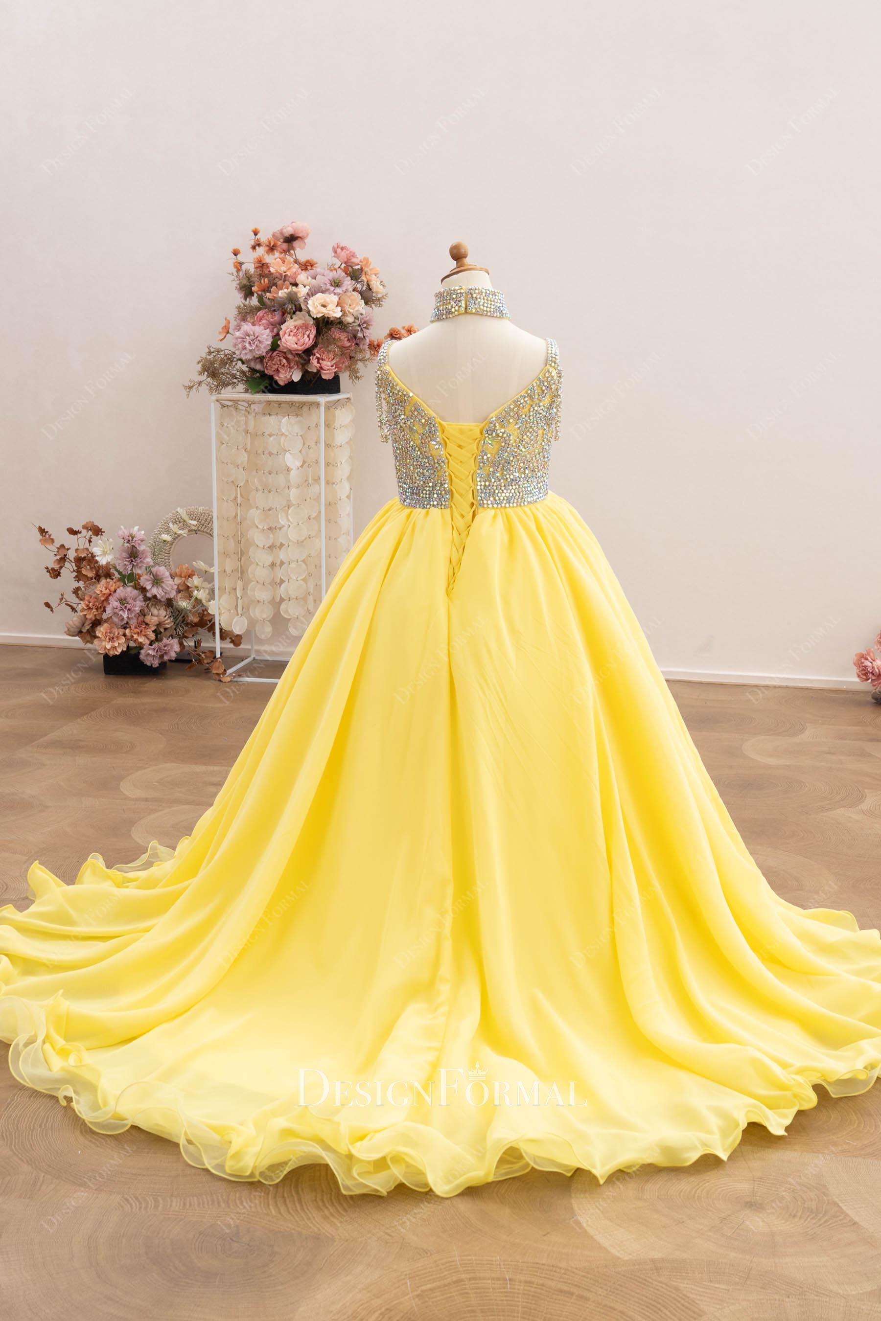 Rhinestone Choker Yellow Chiffon Little Girl Pageant Gown