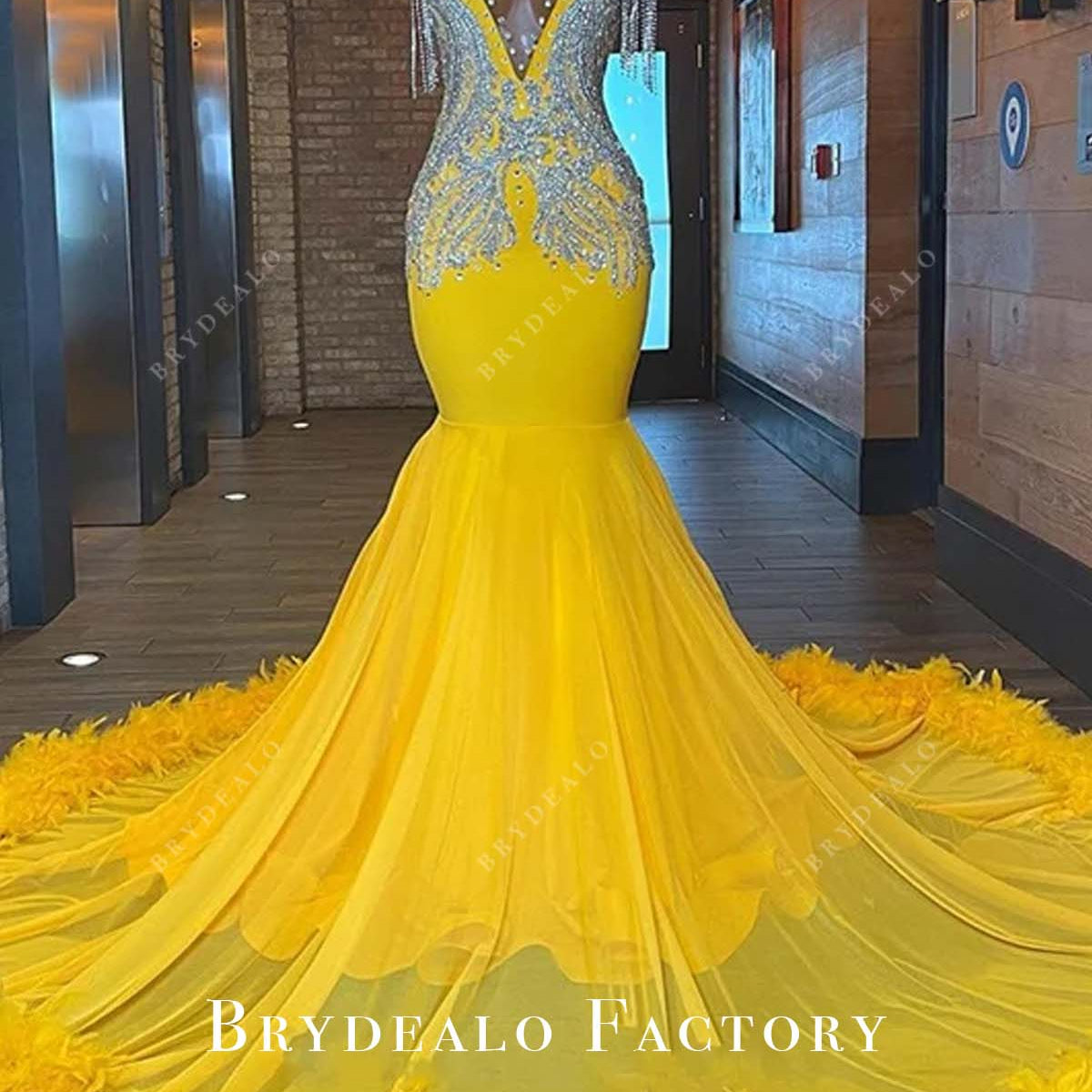 Sparkly Rhinestone Plunging Neck Yellow Feathers Long Train Prom Dress