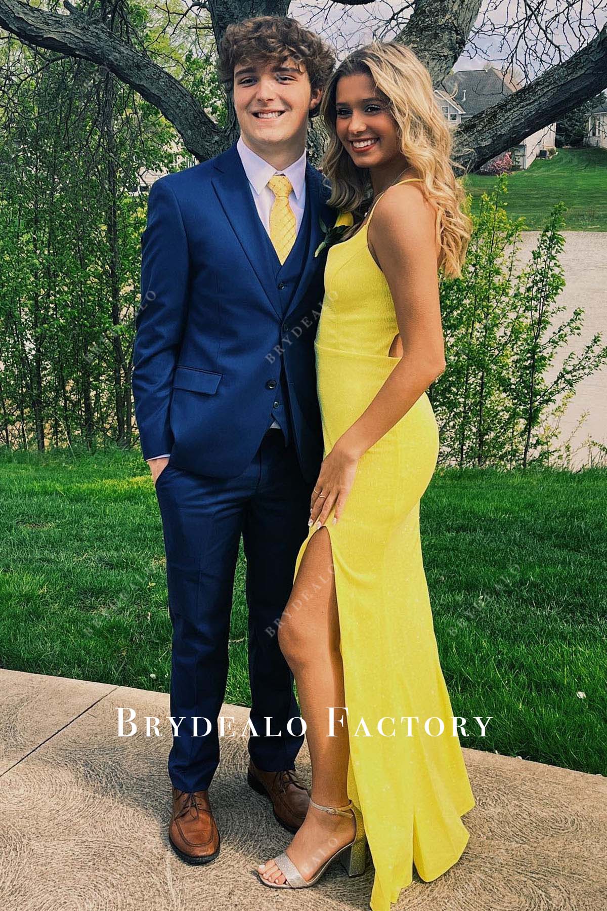 yellow floor length slit homecoming dress