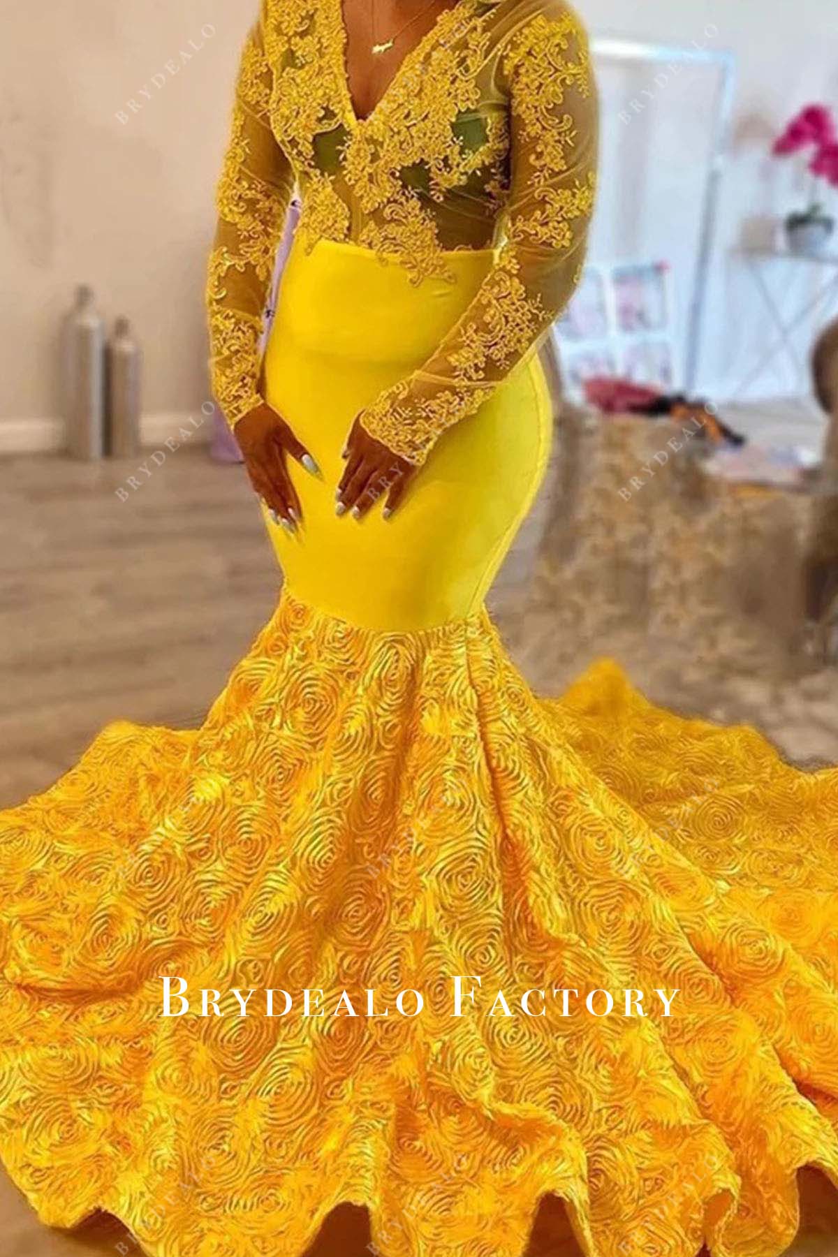 yellow lace 3D flowers trumpet prom dress