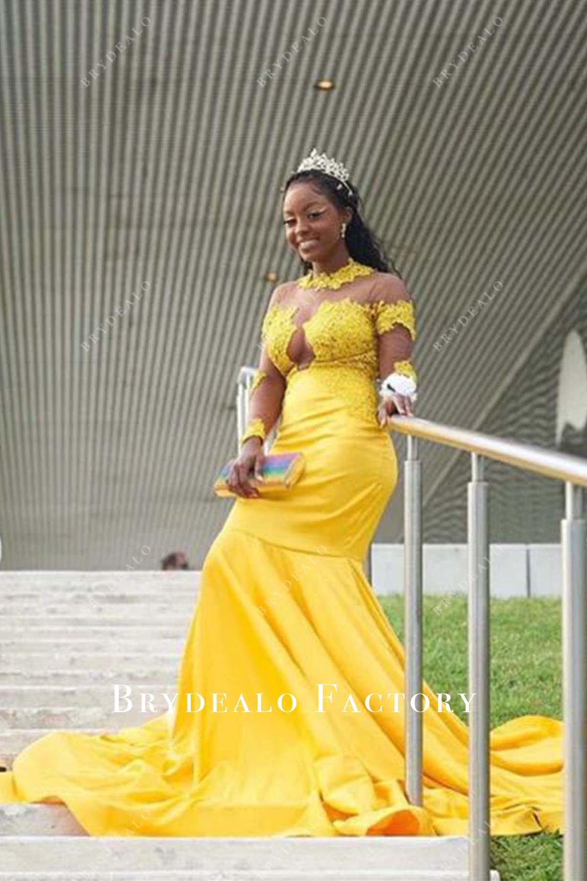 yellow lace mermaid prom dress