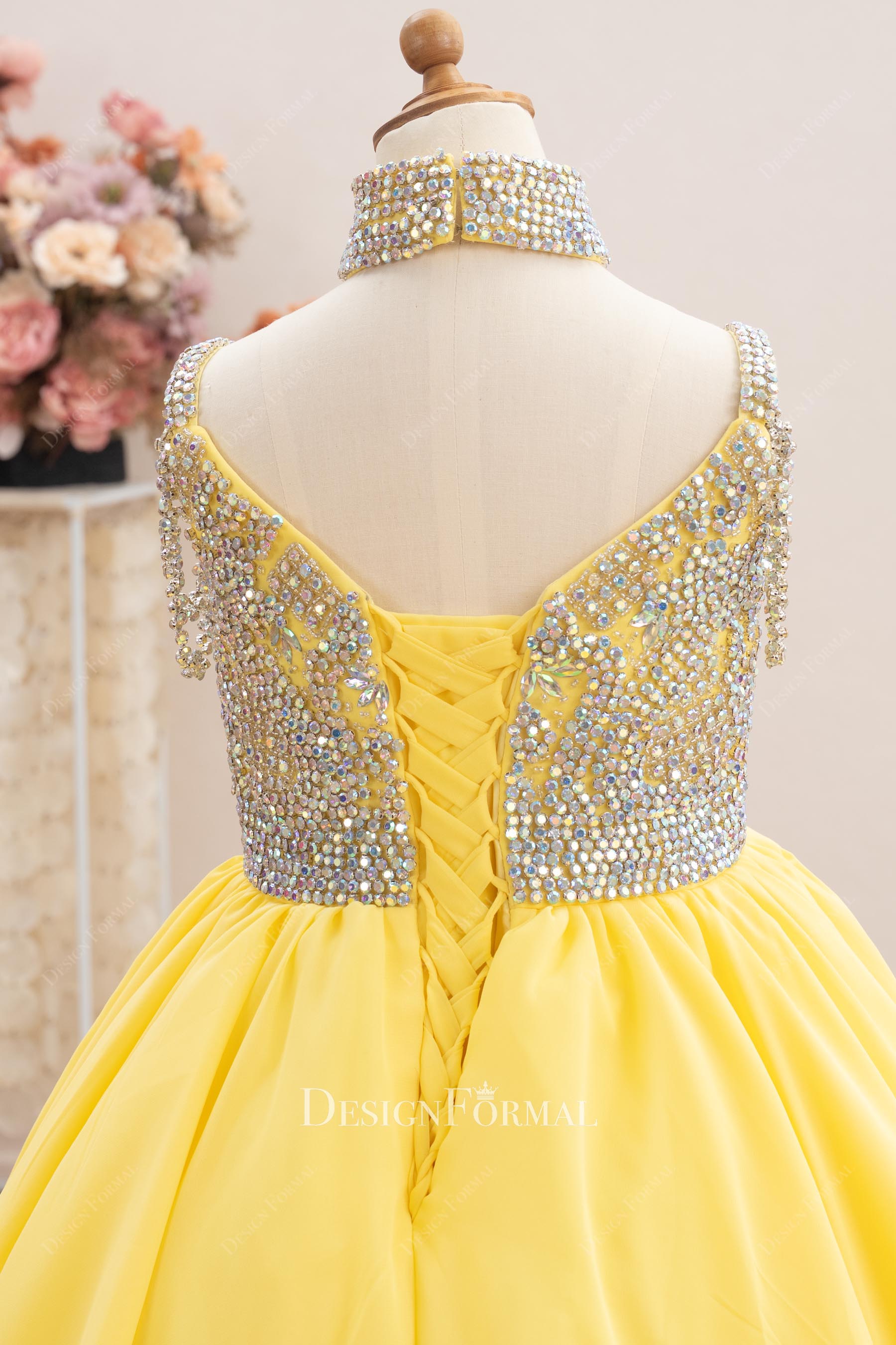 Rhinestone Choker Yellow Chiffon Little Girl Pageant Gown