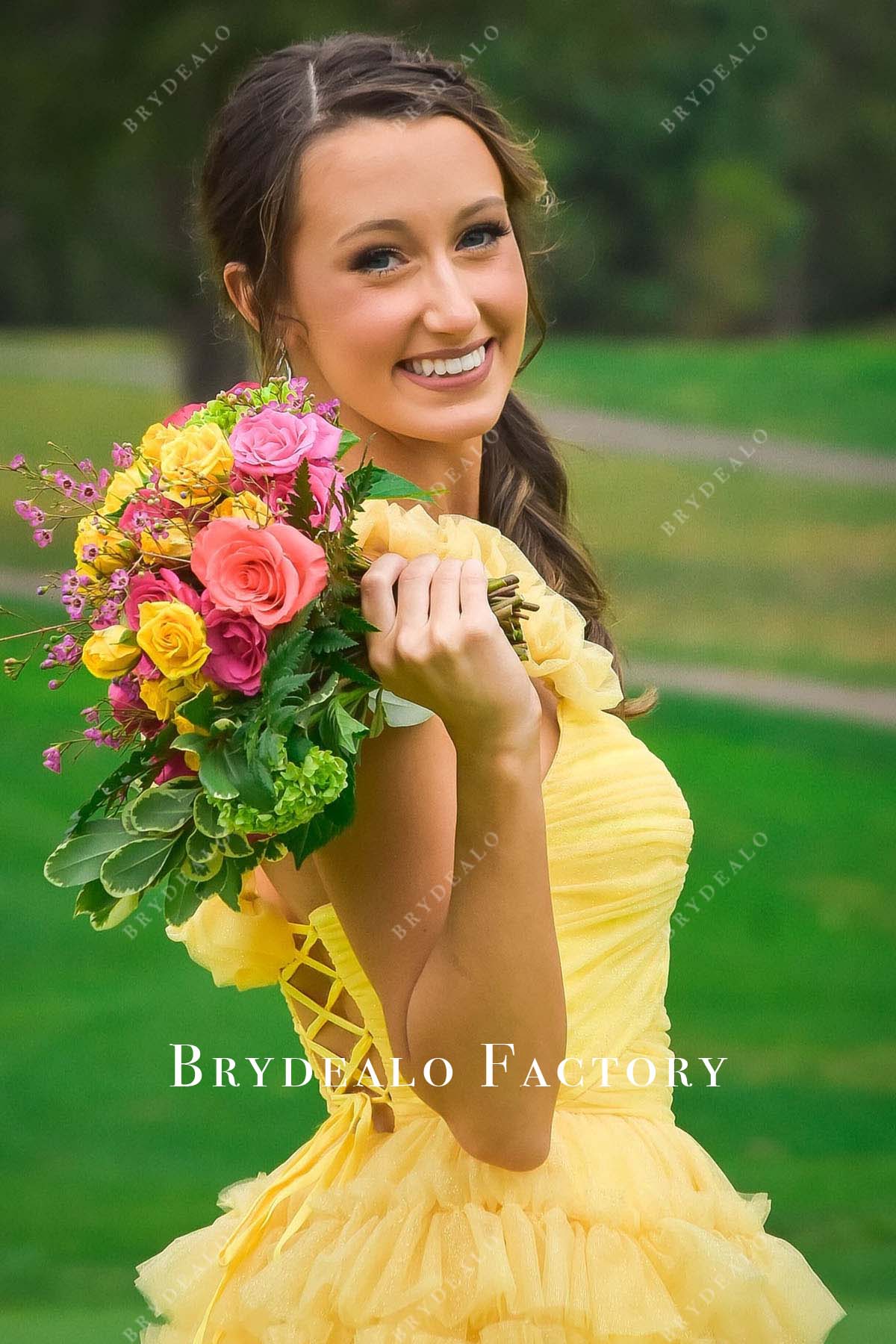 yellow lace up back mini homecoming dress