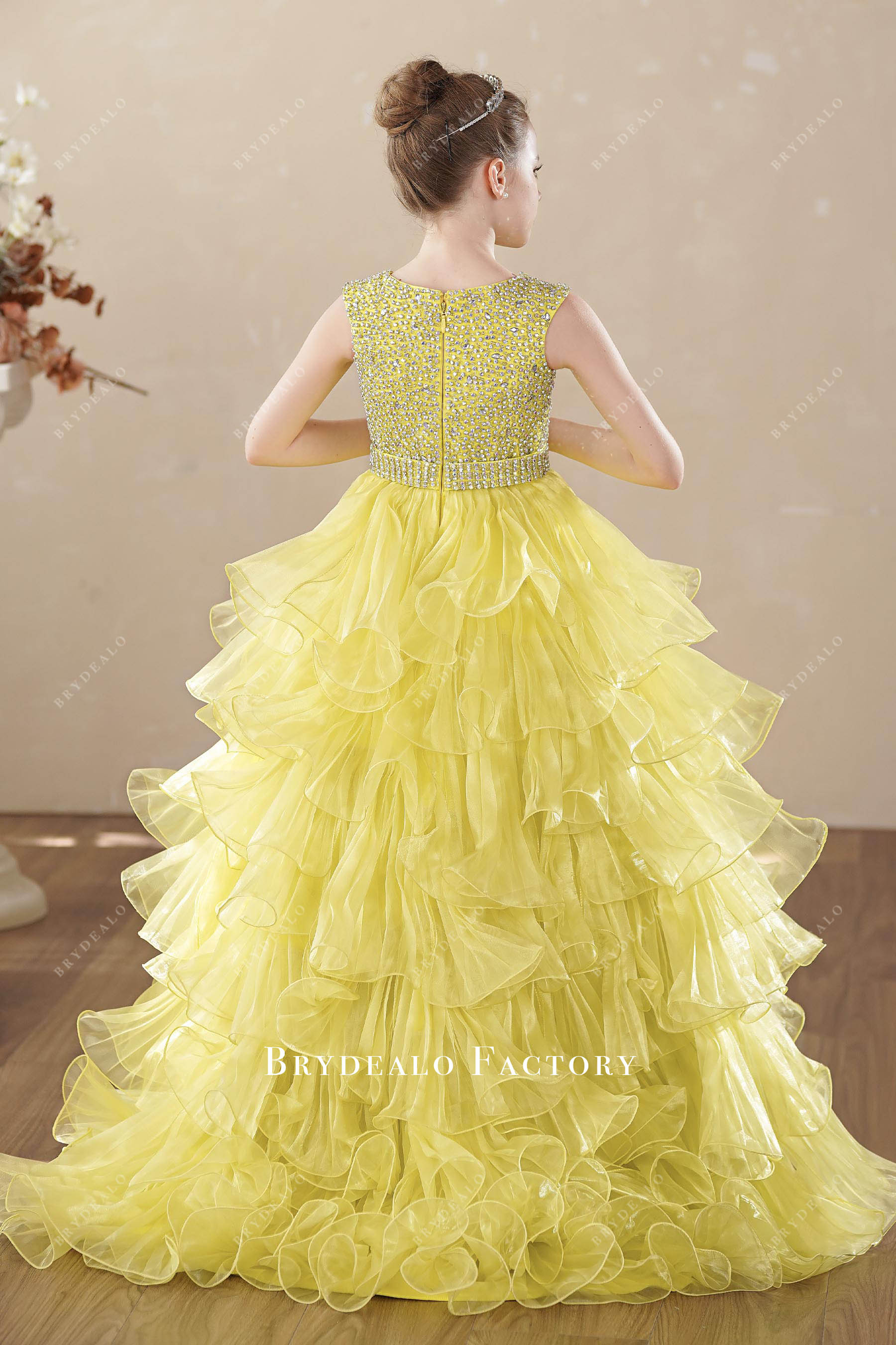 yellow layered sparkly kids ballgown birthday dress