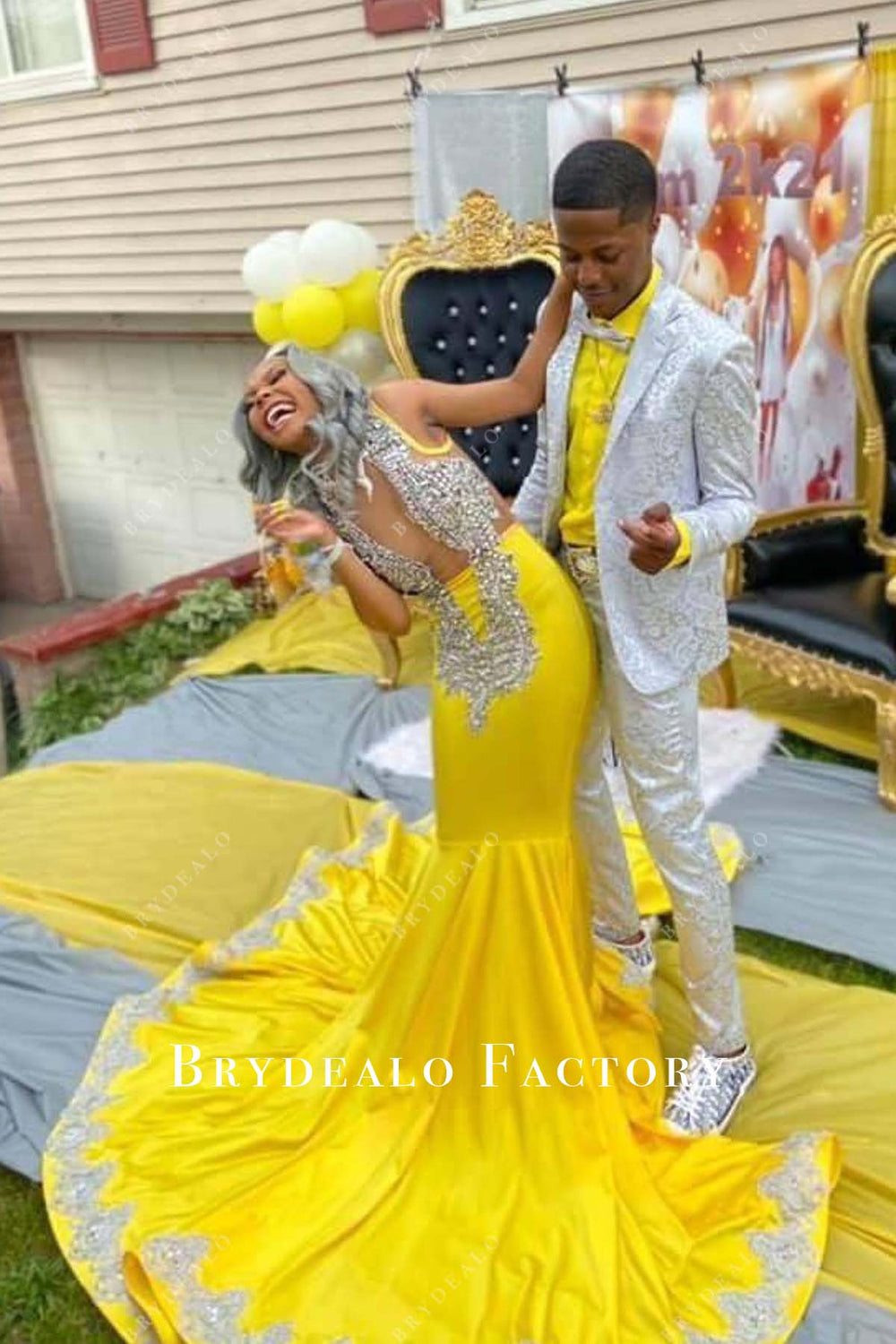 Rhinestones Plunging Neck Yellow Jersey Mermaid Prom Dress