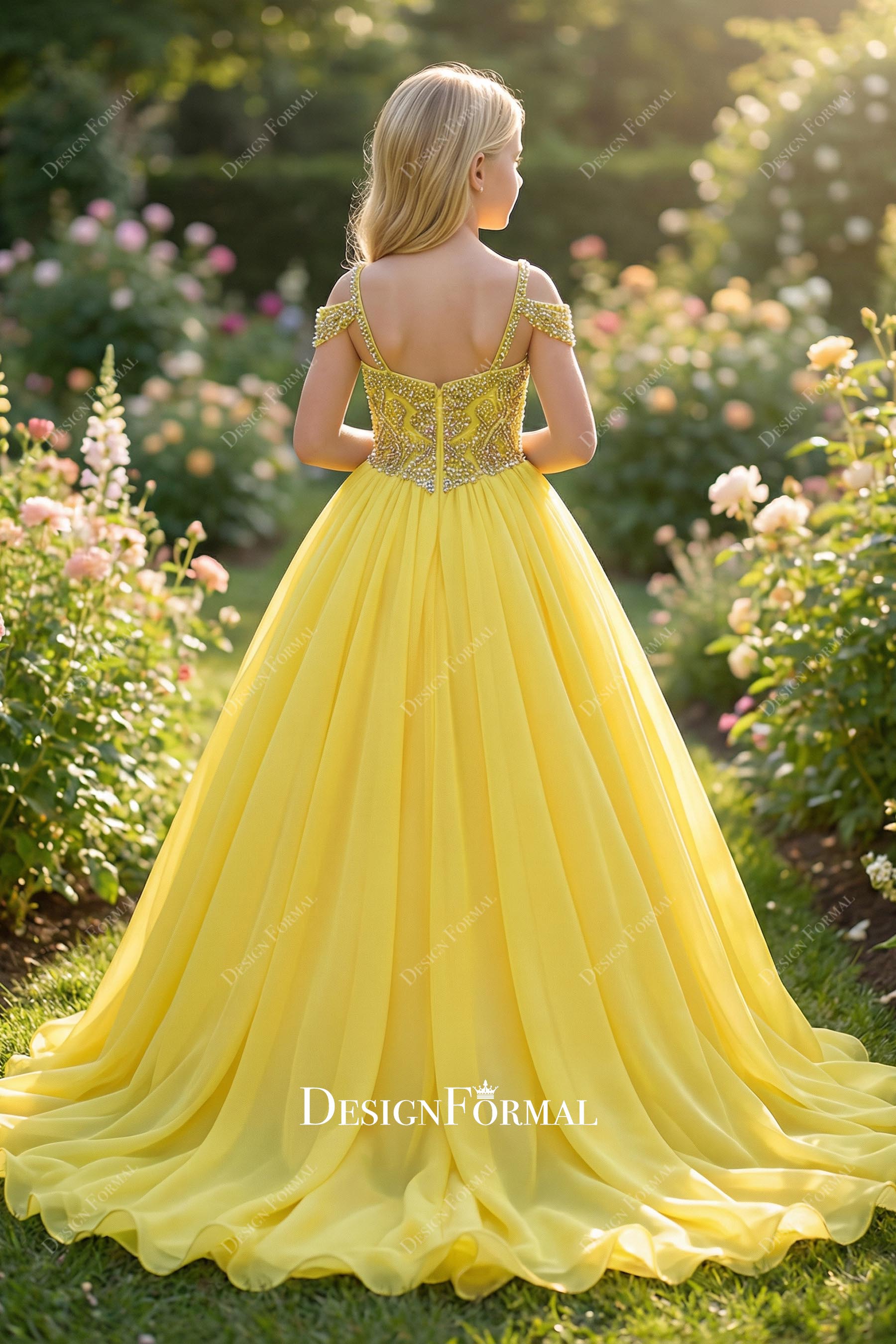yellow off shoulder a line pageant dress