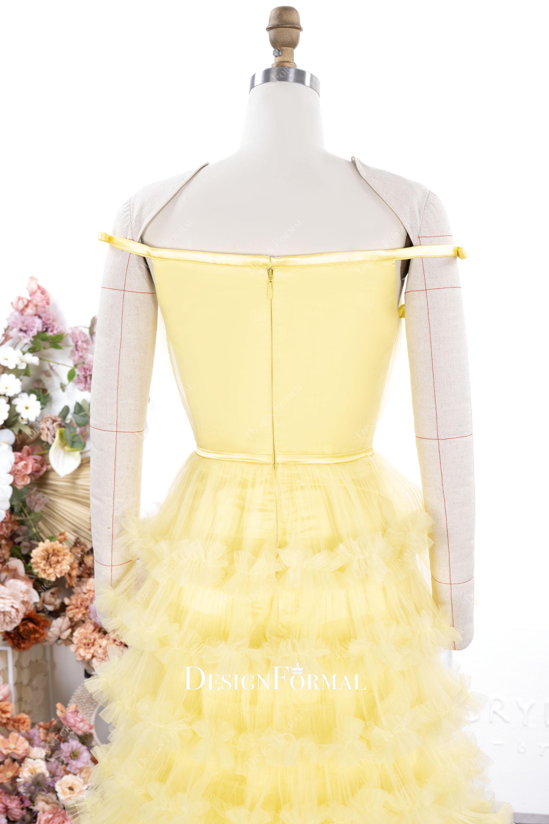 yellow off shoulder tulle prom dress