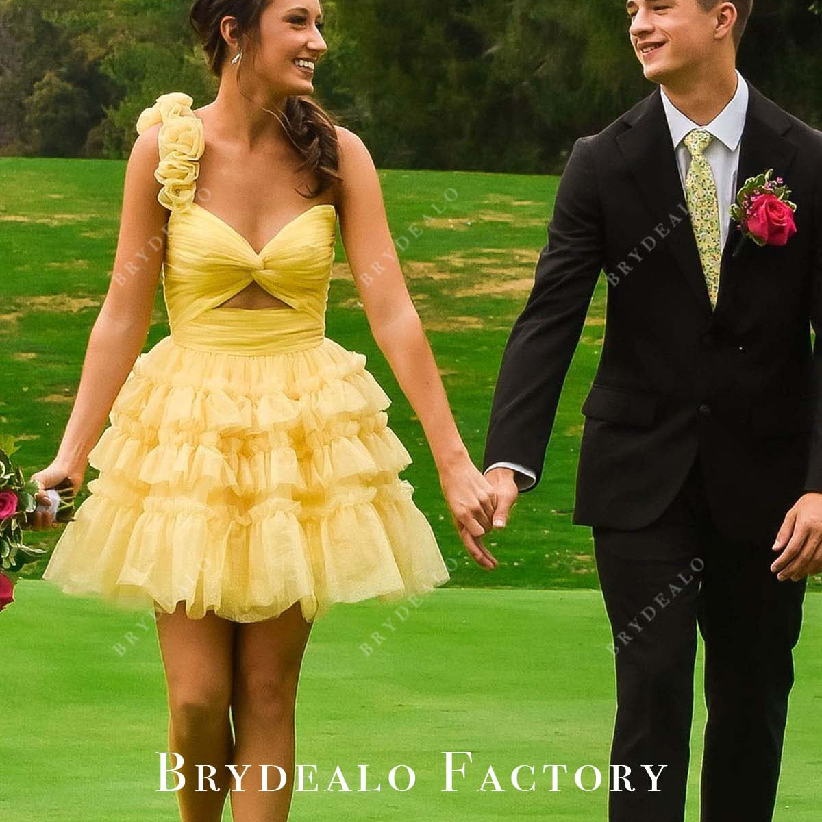 Yellow One Shoulder Layered A-Line Homecoming Dress